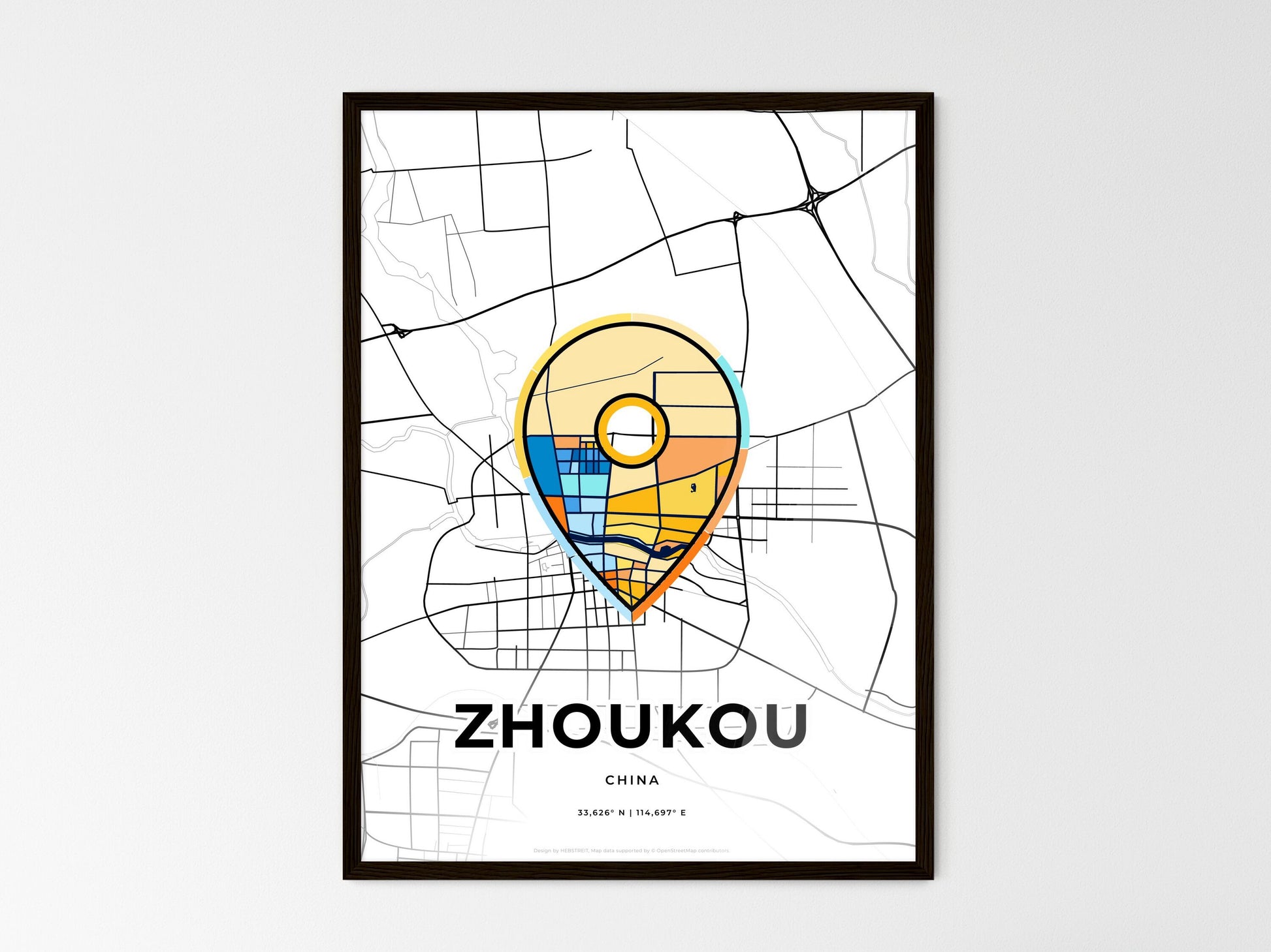 ZHOUKOU CHINA minimal art map with a colorful icon. Style 1