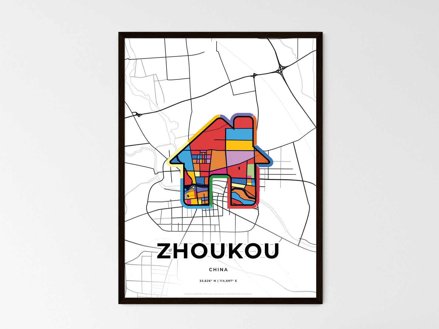 ZHOUKOU CHINA minimal art map with a colorful icon. Style 3