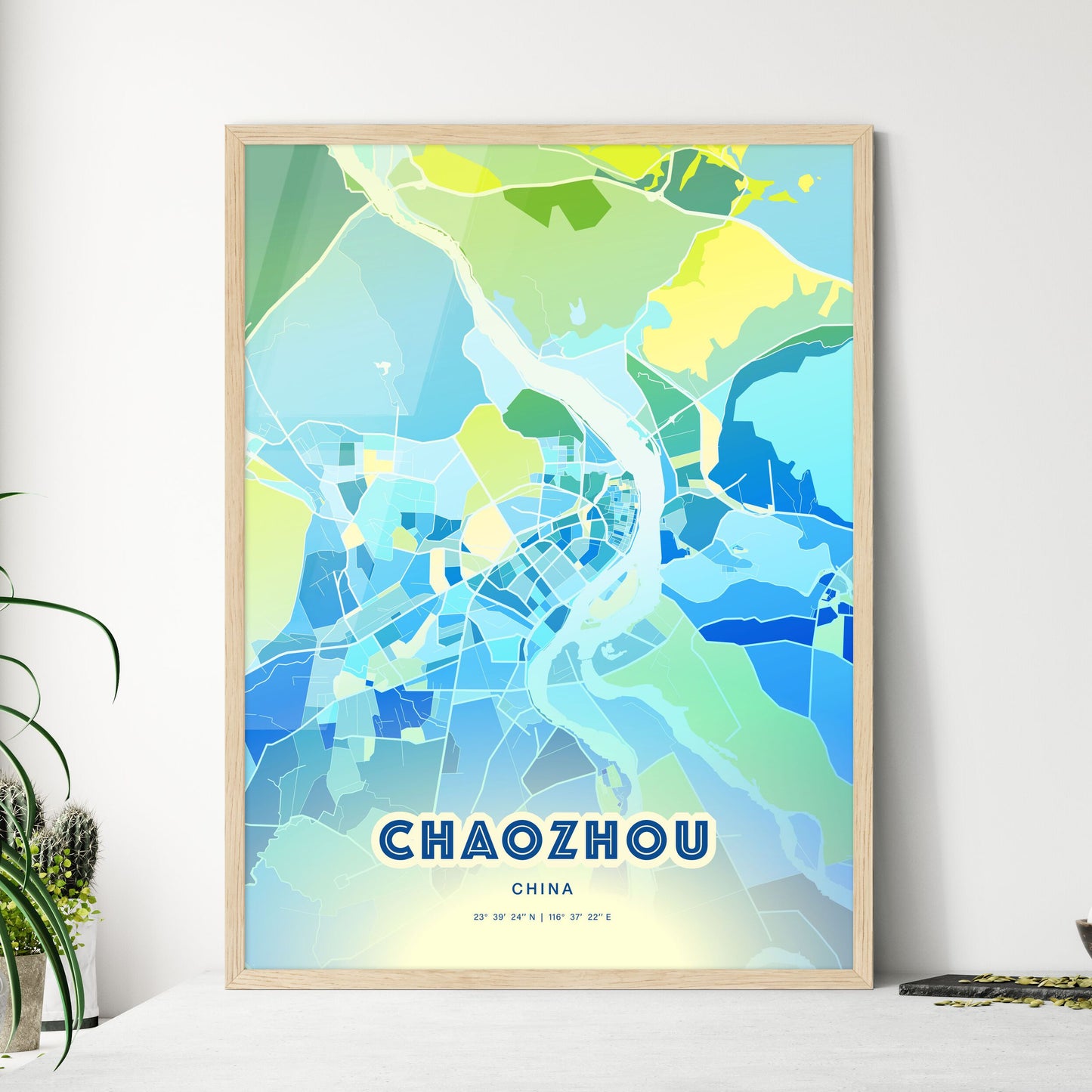 Colorful CHAOZHOU CHINA Fine Art Map Cool Blue