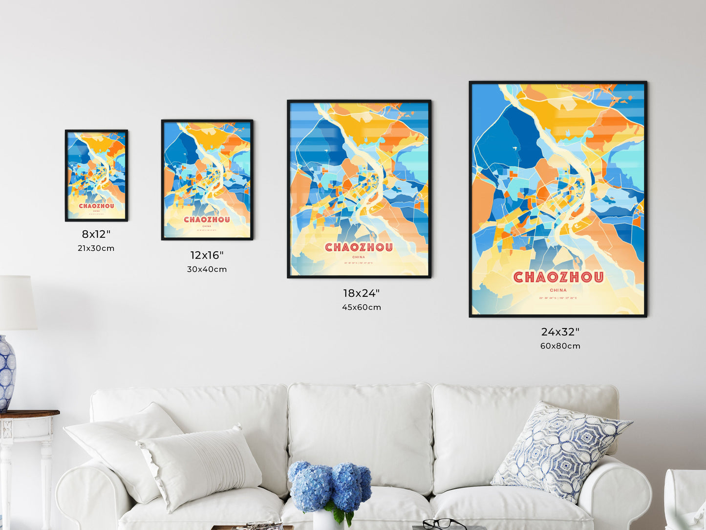 Colorful CHAOZHOU CHINA Fine Art Map Blue Orange