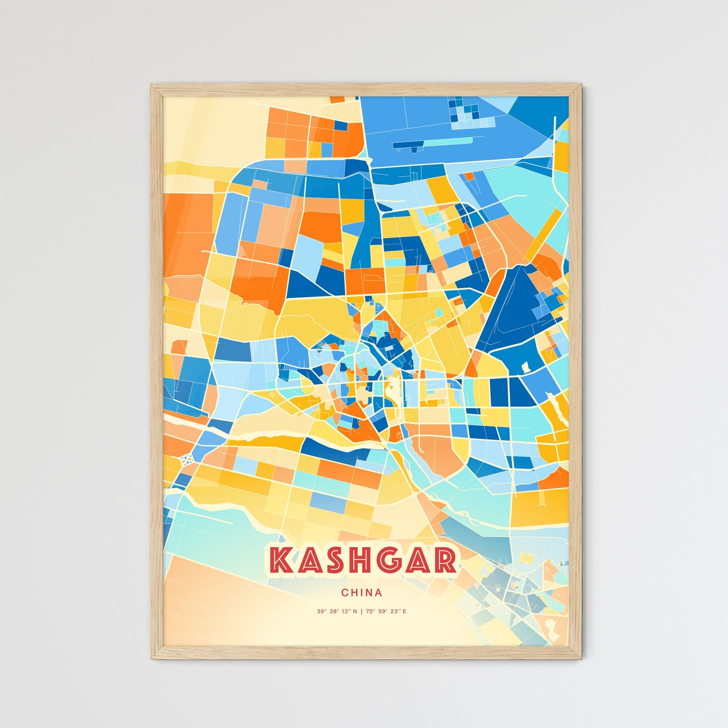 Colorful KASHGAR CHINA Fine Art Map Blue Orange