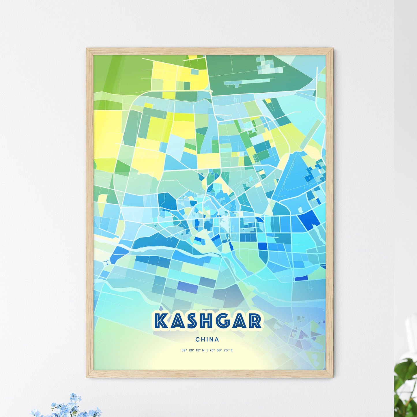 Colorful KASHGAR CHINA Fine Art Map Cool Blue