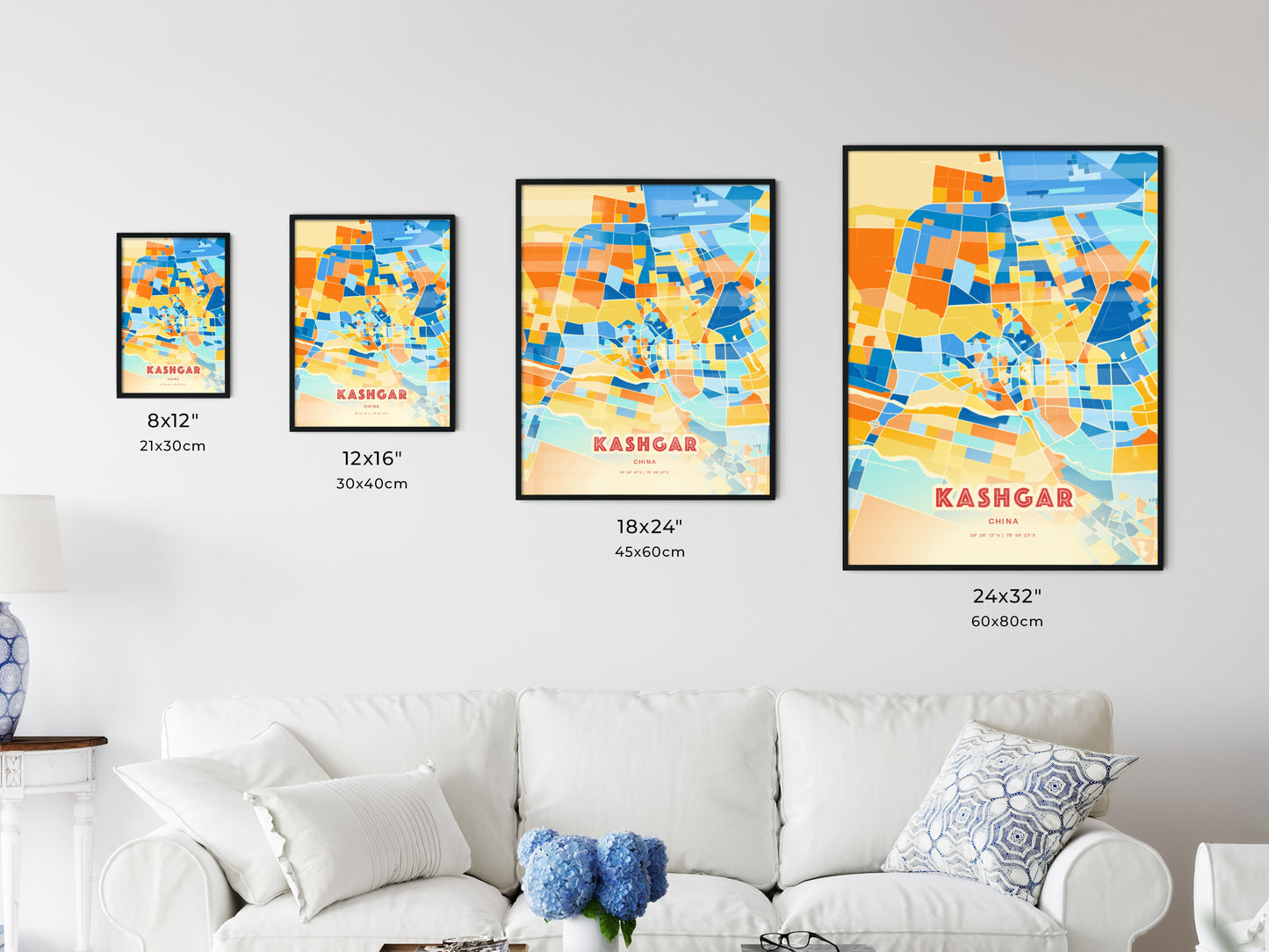 Colorful KASHGAR CHINA Fine Art Map Blue Orange