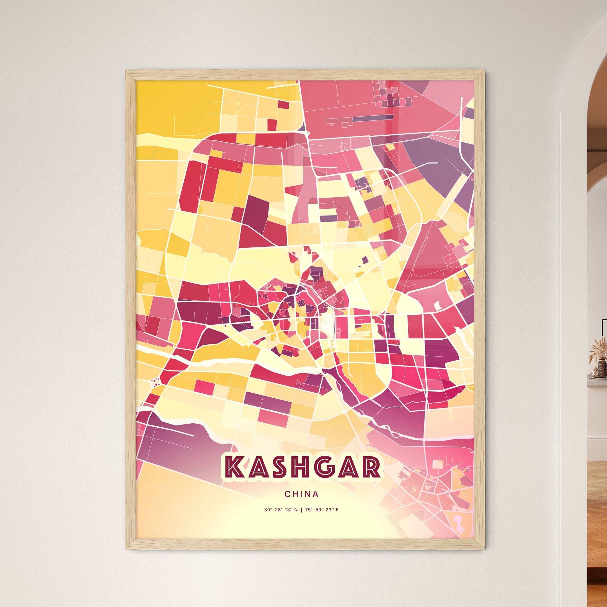 Colorful KASHGAR CHINA Fine Art Map Hot Red