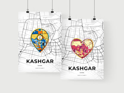 KASHGAR CHINA minimal art map with a colorful icon. Where it all began, Couple map gift.