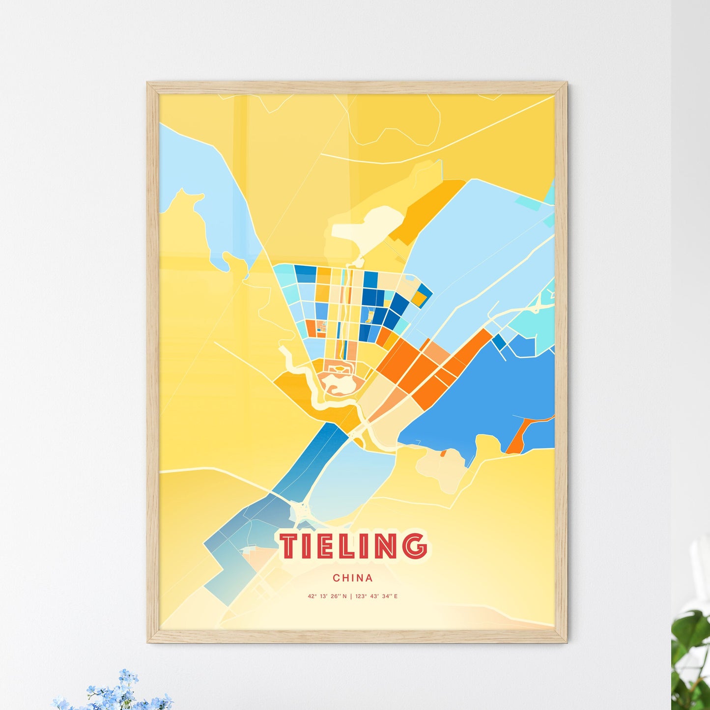 Colorful TIELING CHINA Fine Art Map Blue Orange