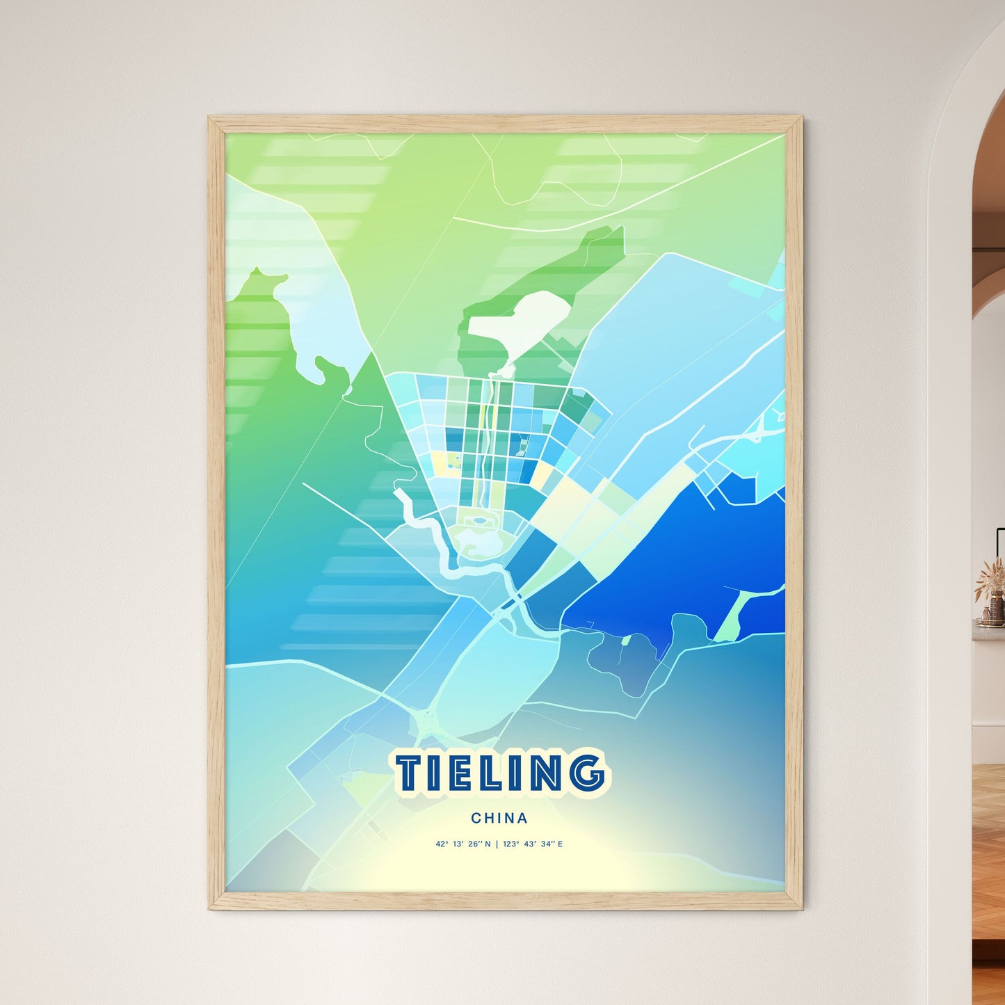 Colorful TIELING CHINA Fine Art Map Cool Blue