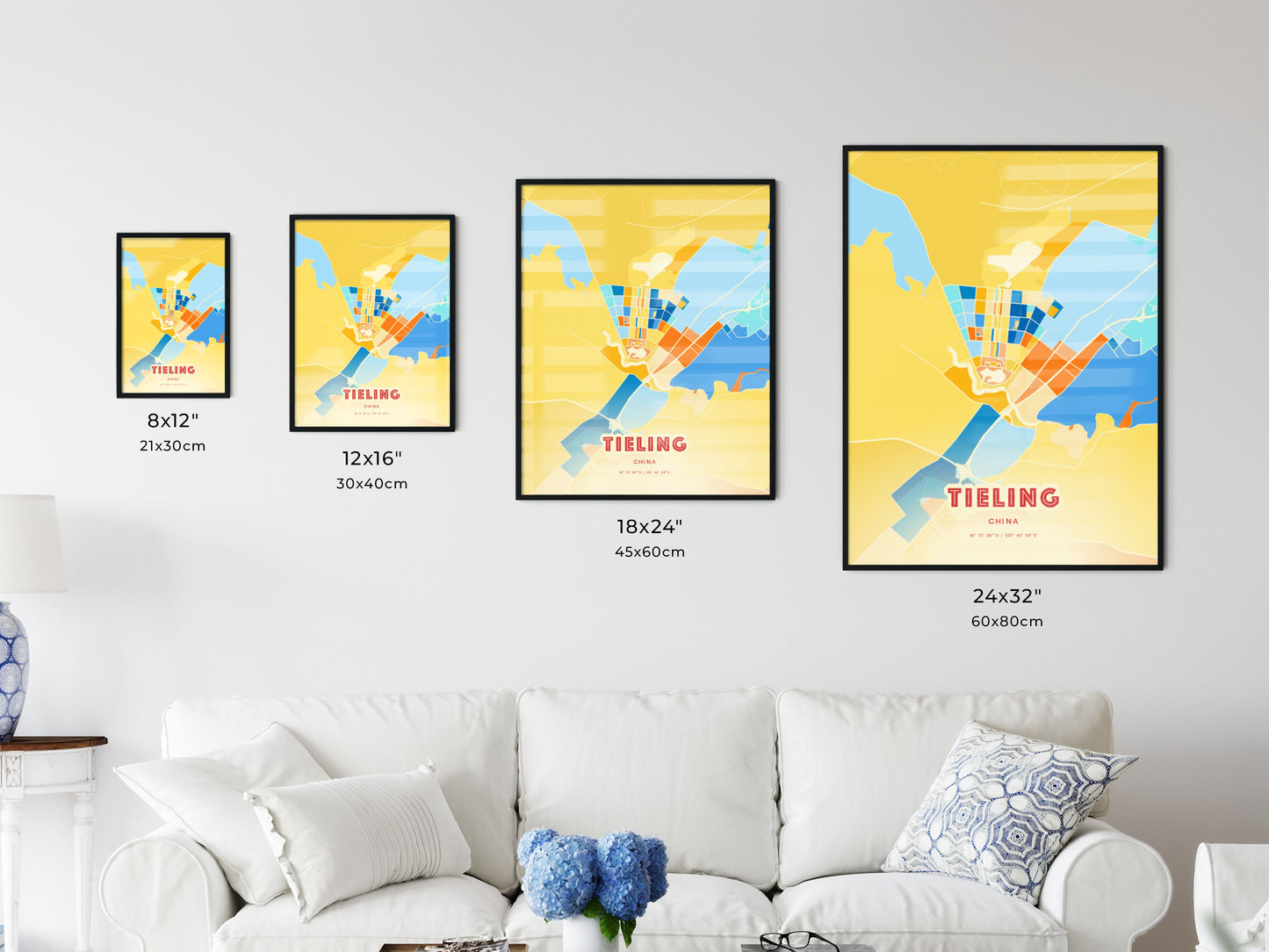 Colorful TIELING CHINA Fine Art Map Blue Orange