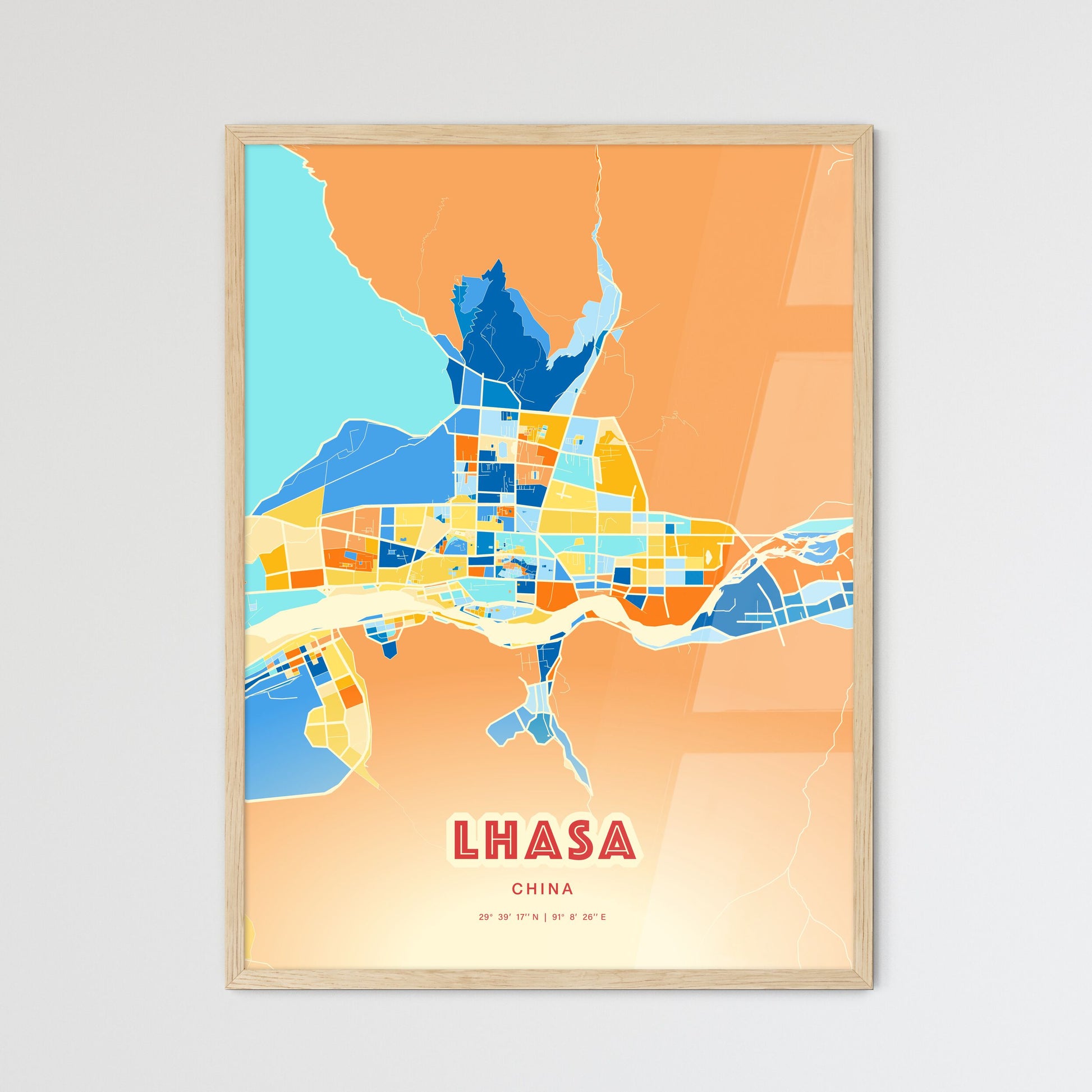 Colorful LHASA CHINA Fine Art Map Blue Orange