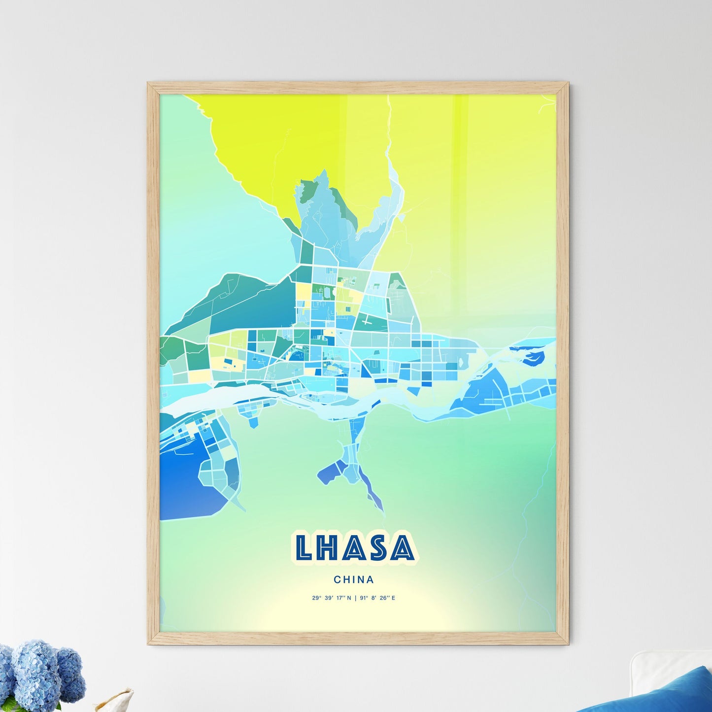 Colorful LHASA CHINA Fine Art Map Cool Blue