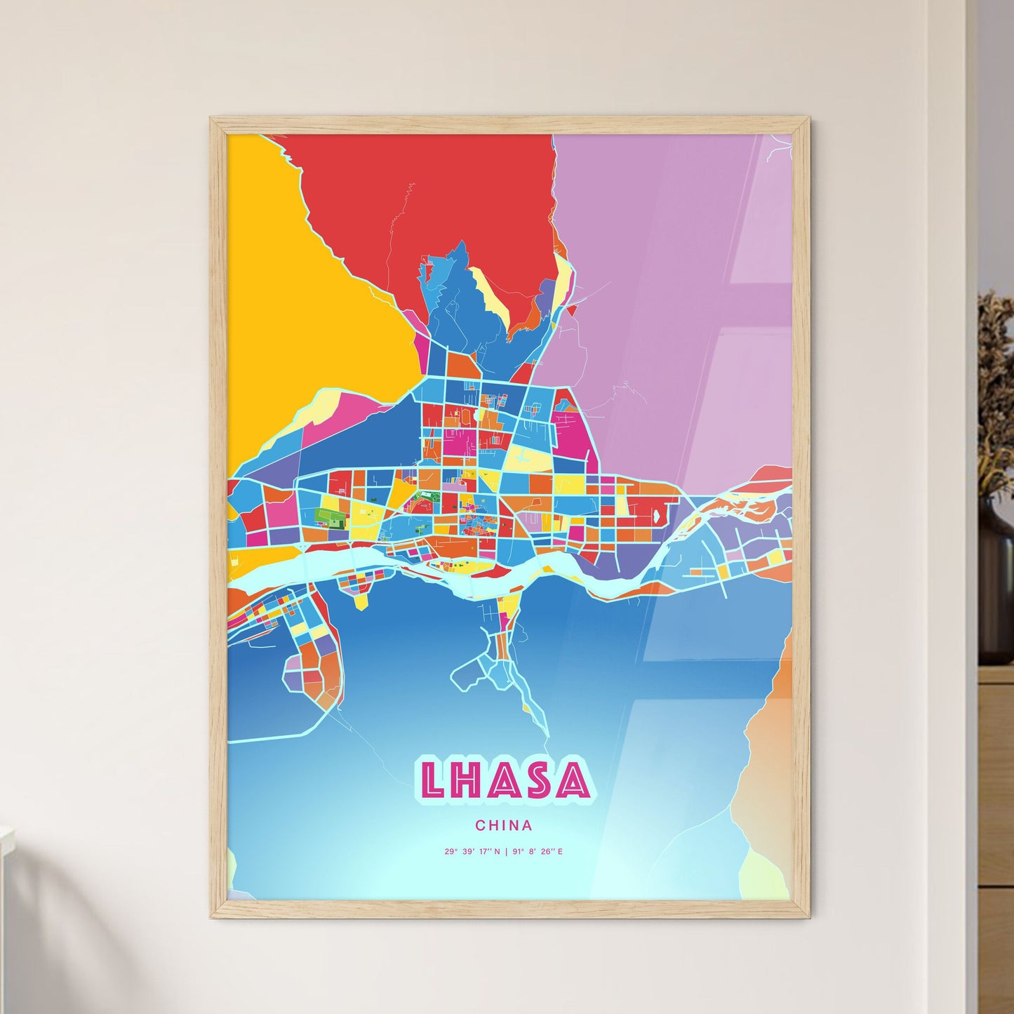Colorful LHASA CHINA Fine Art Map Crazy Colors