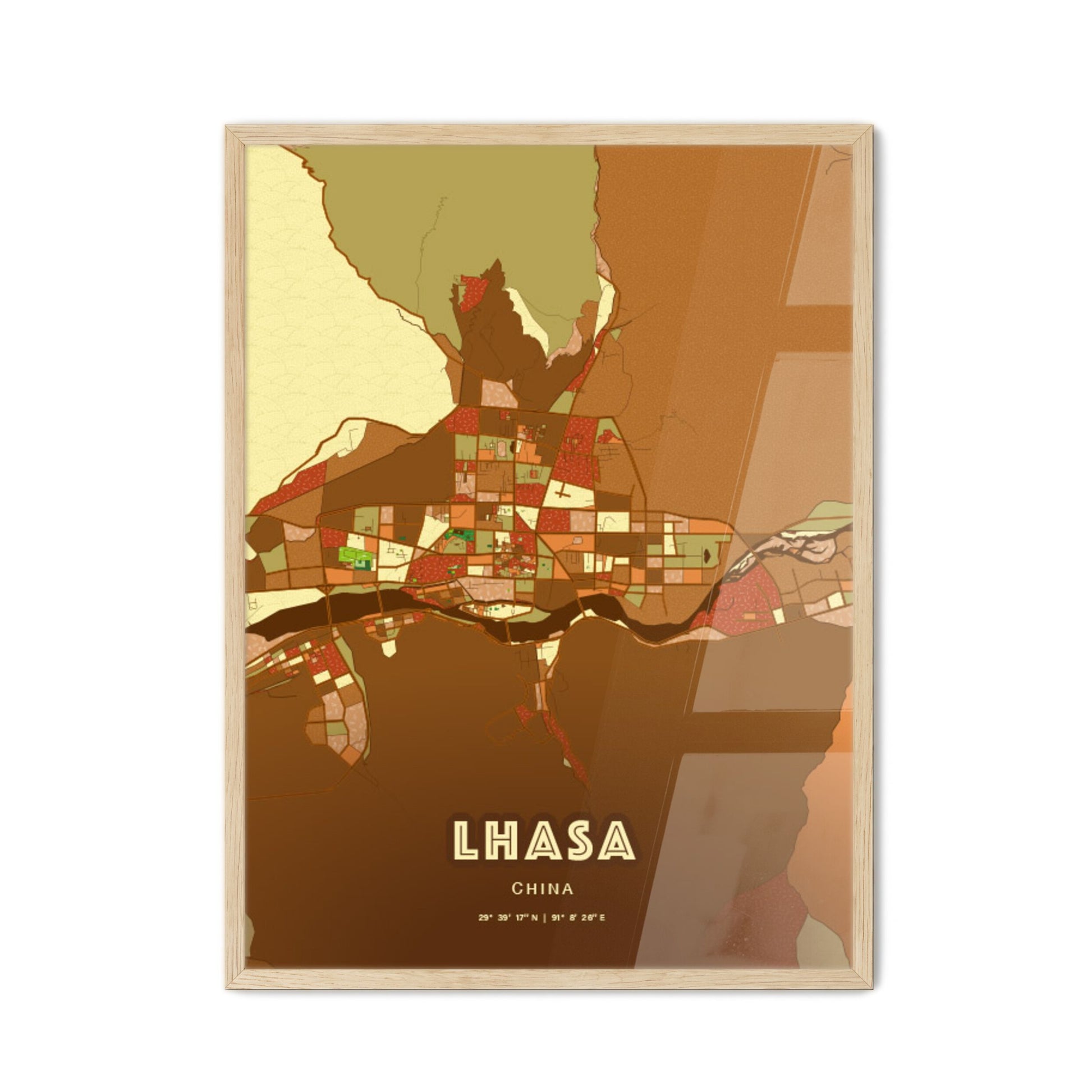 Colorful LHASA CHINA Fine Art Map Farmhouse