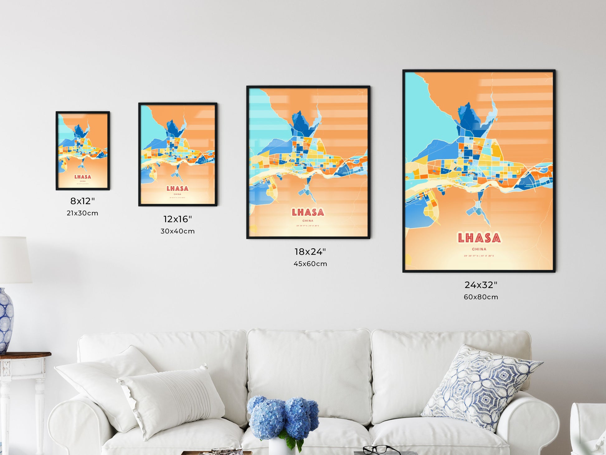 Colorful LHASA CHINA Fine Art Map Blue Orange