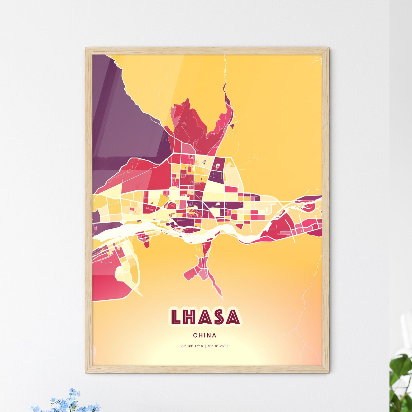 Colorful LHASA CHINA Fine Art Map Hot Red