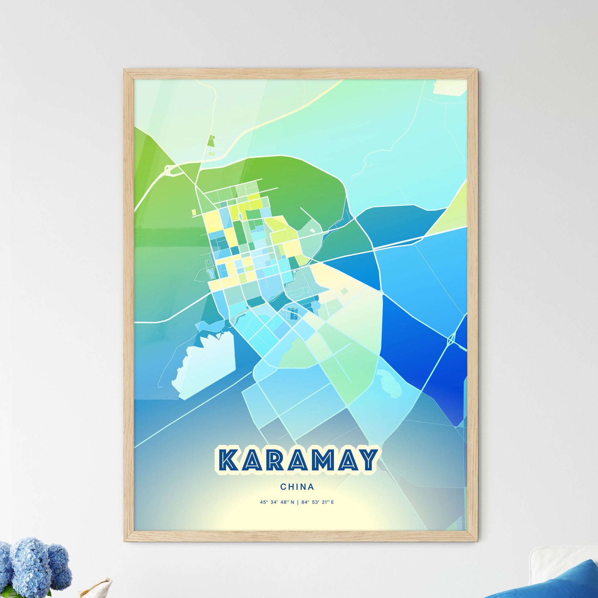 Colorful KARAMAY CHINA Fine Art Map Cool Blue