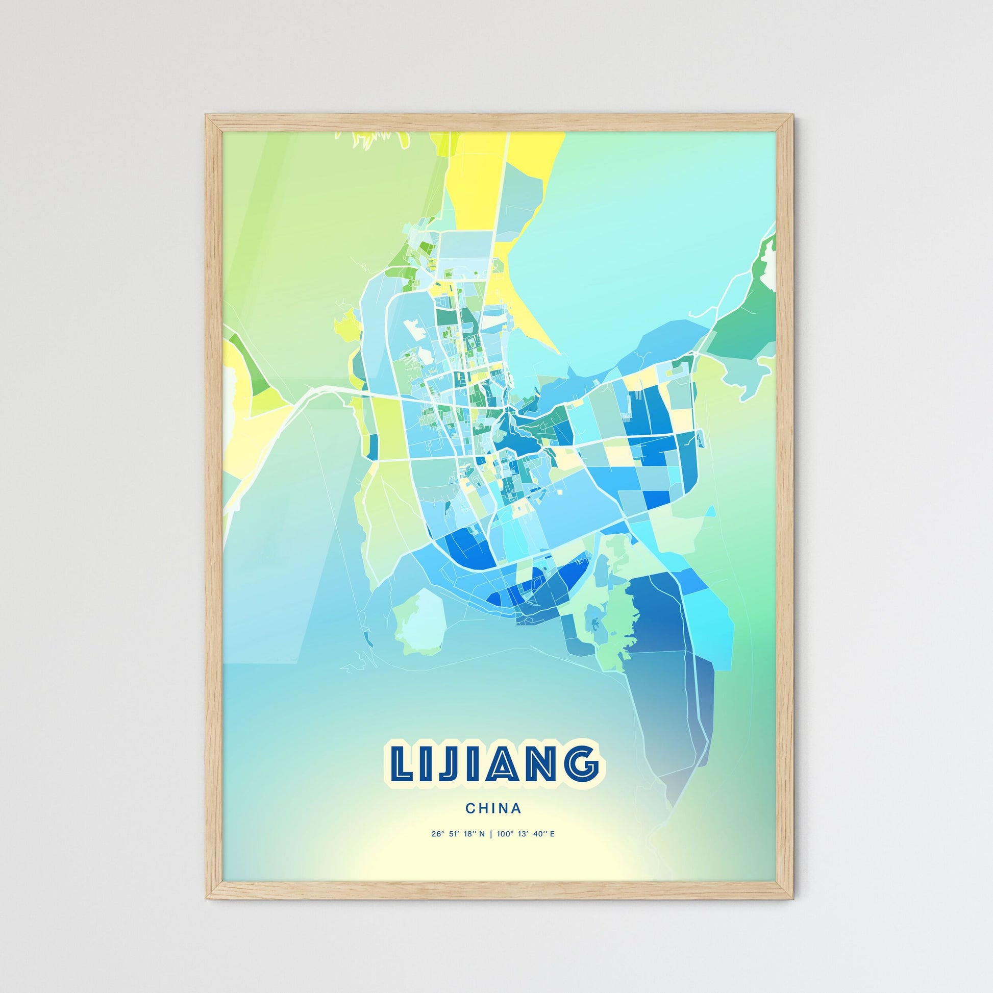 Colorful LIJIANG CHINA Fine Art Map Cool Blue