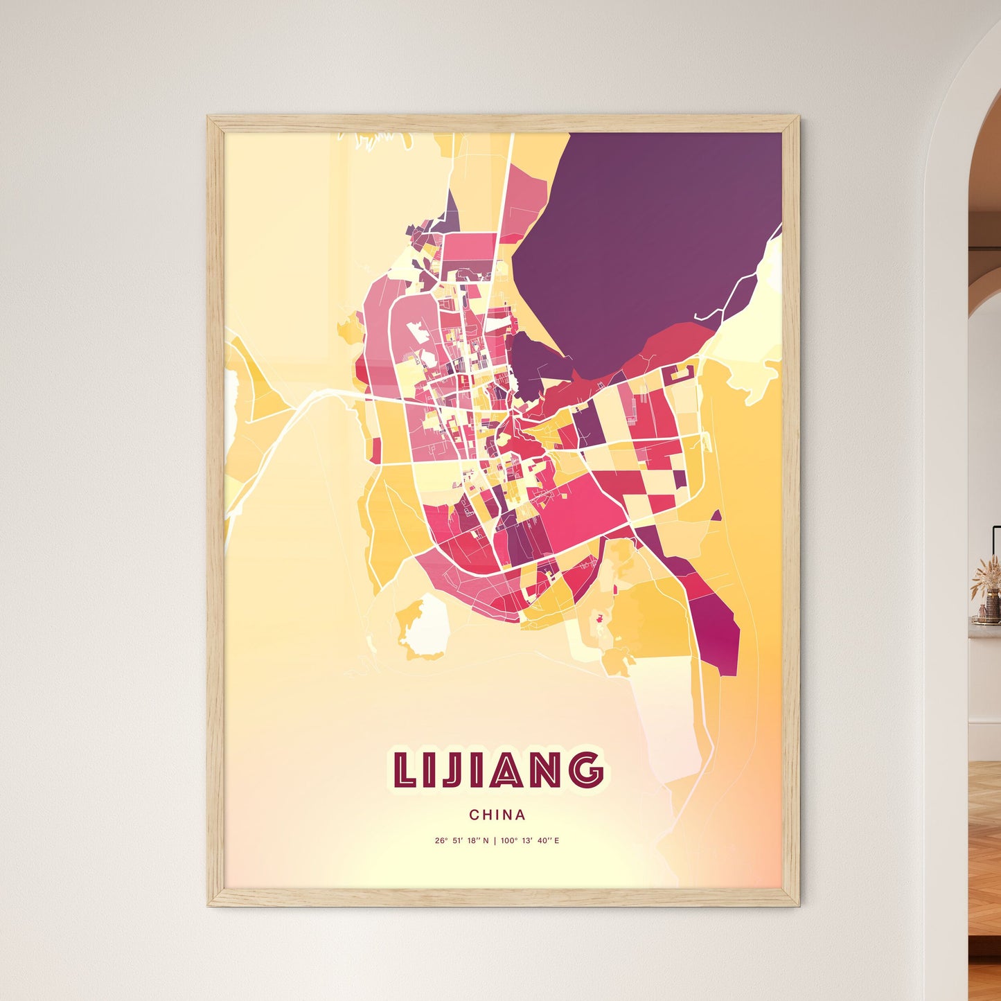 Colorful LIJIANG CHINA Fine Art Map Hot Red