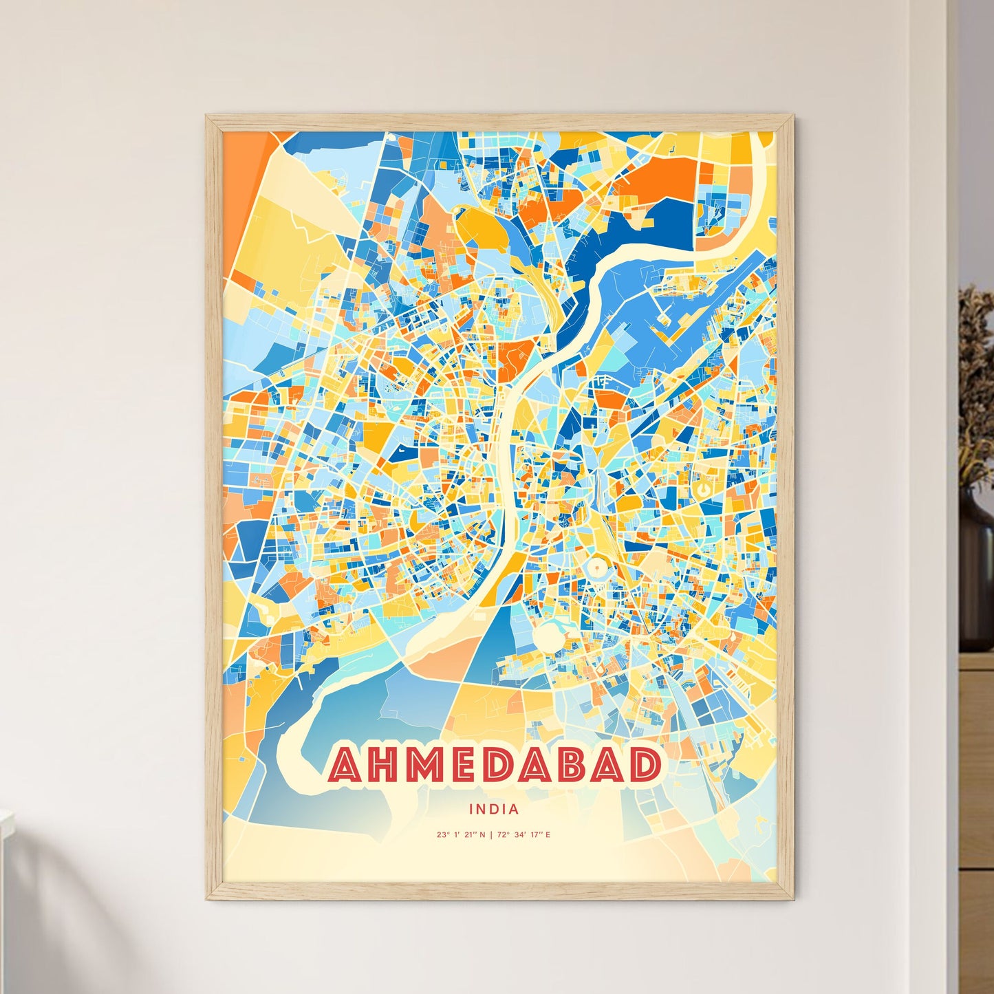 Colorful Ahmedabad India Fine Art Map Blue Orange