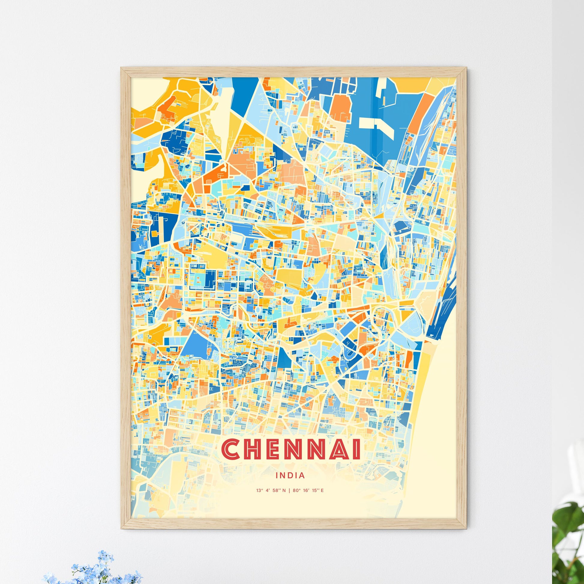 Colorful Chennai India Fine Art Map Blue Orange