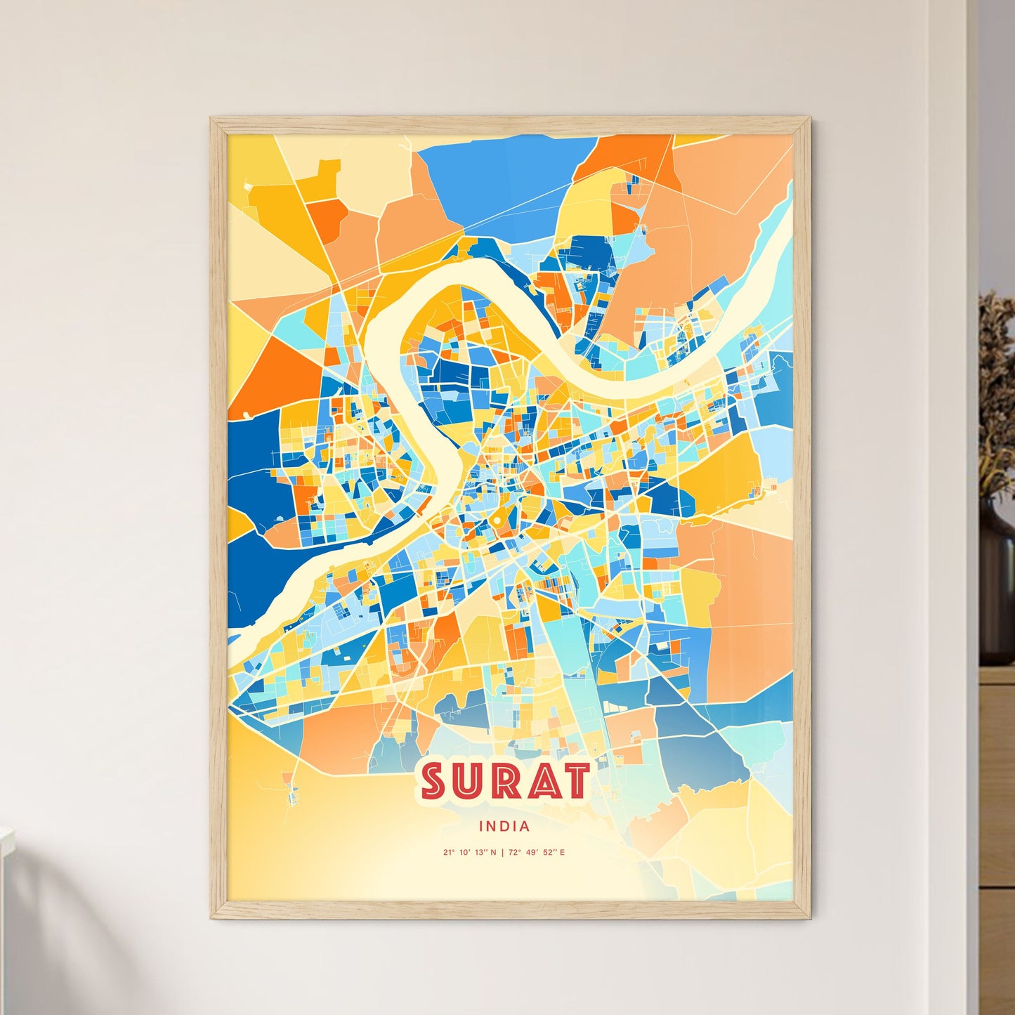 Colorful SURAT INDIA Fine Art Map Blue Orange