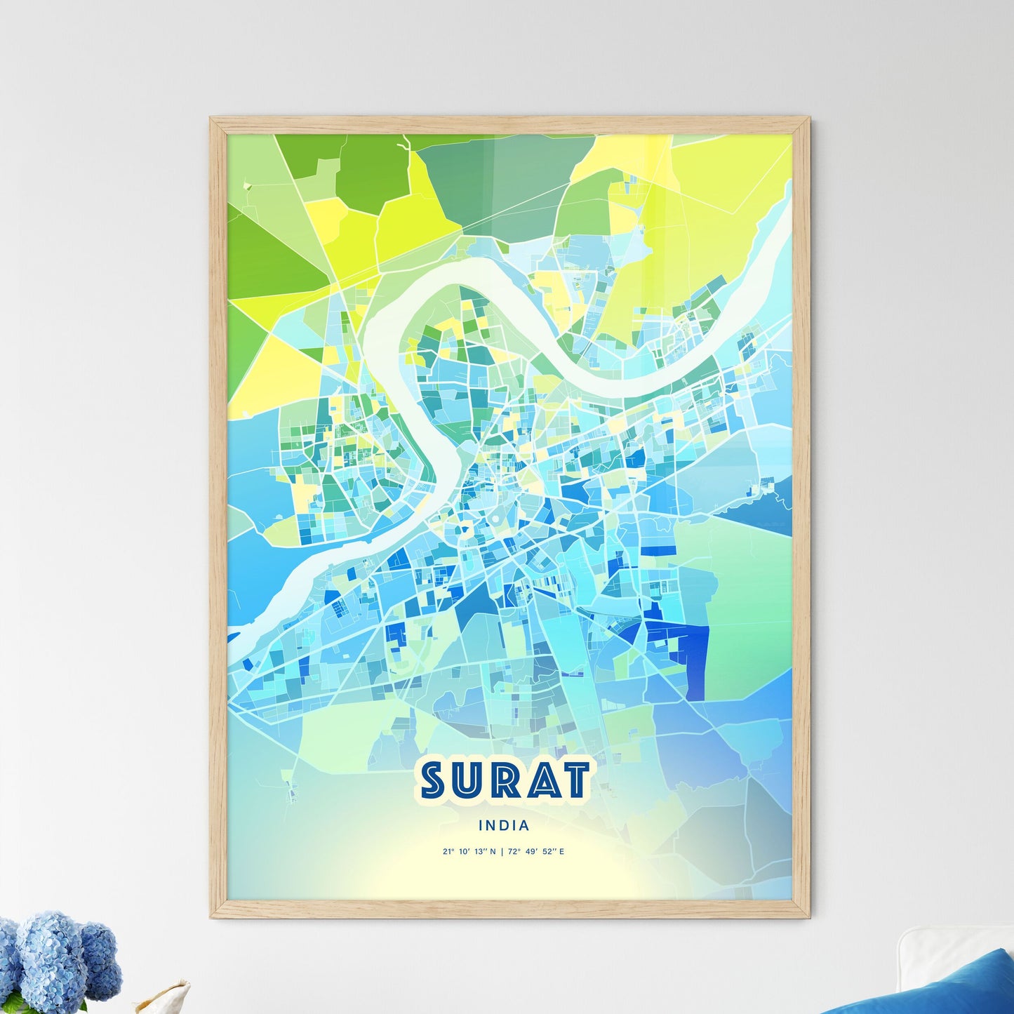 Colorful SURAT INDIA Fine Art Map Cool Blue