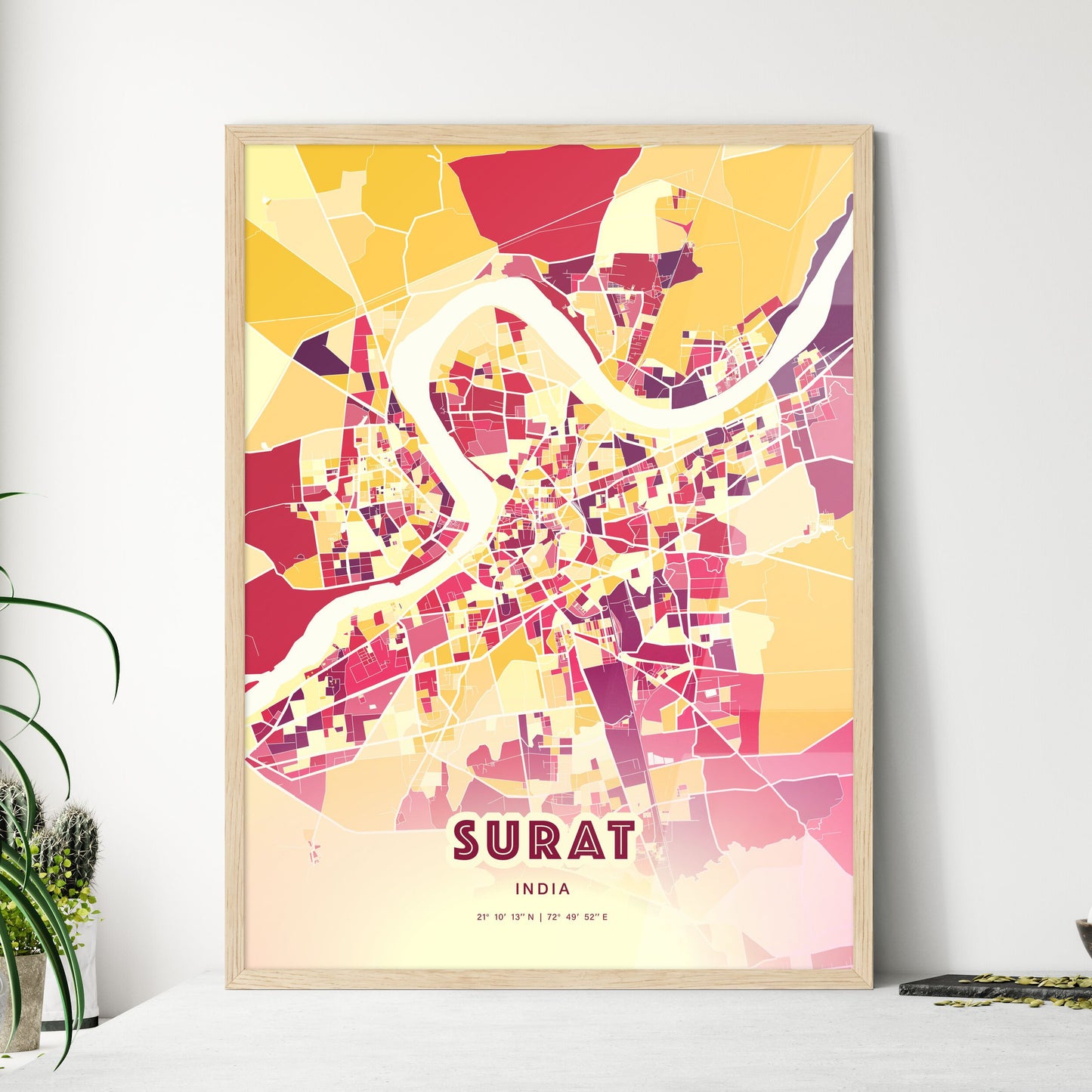 Colorful SURAT INDIA Fine Art Map Hot Red