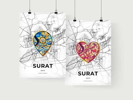 SURAT INDIA minimal art map with a colorful icon. Where it all began, Couple map gift.