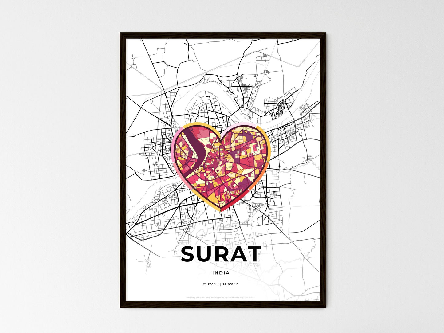 Surat India wedding art map with heart icon