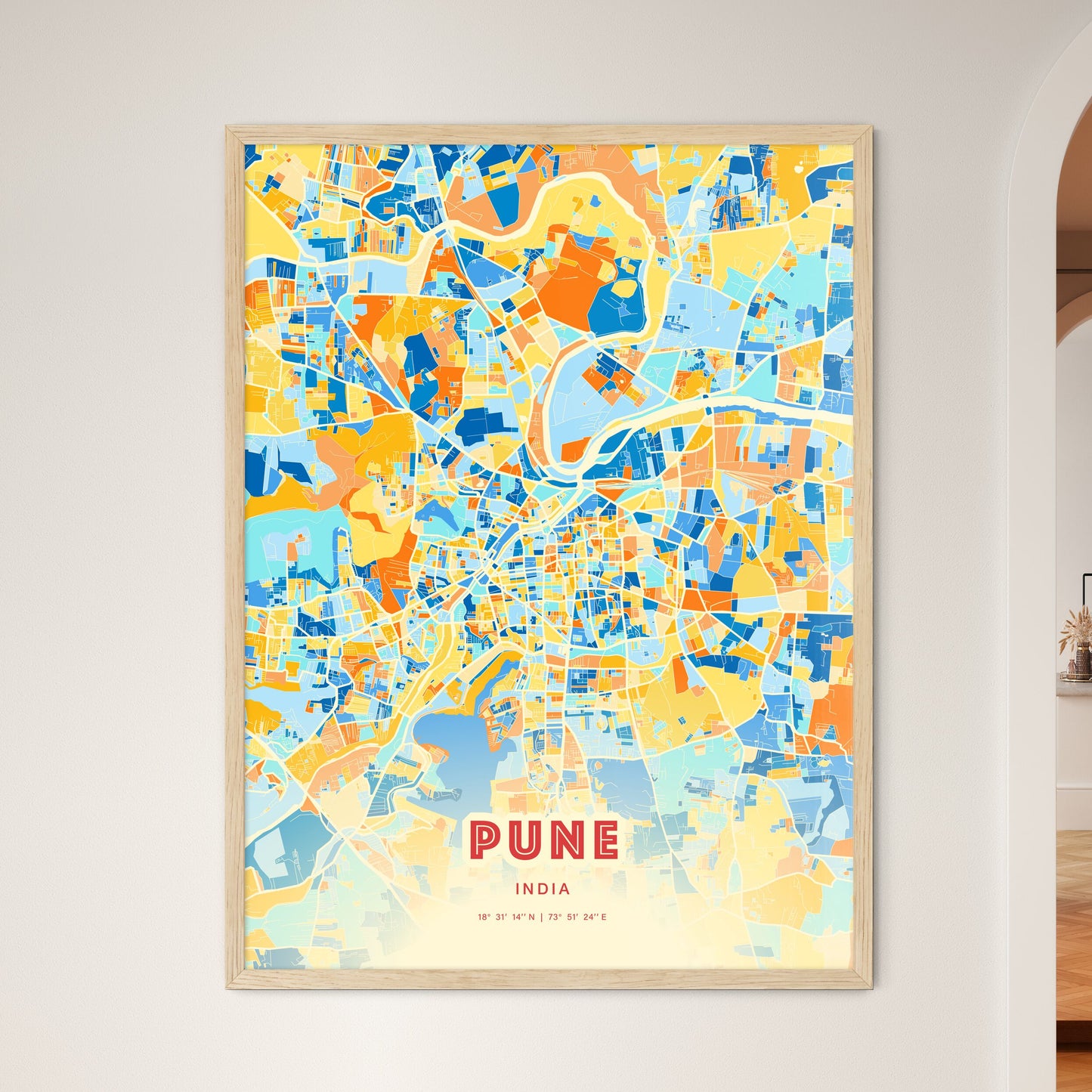 Colorful Pune India Fine Art Map Blue Orange
