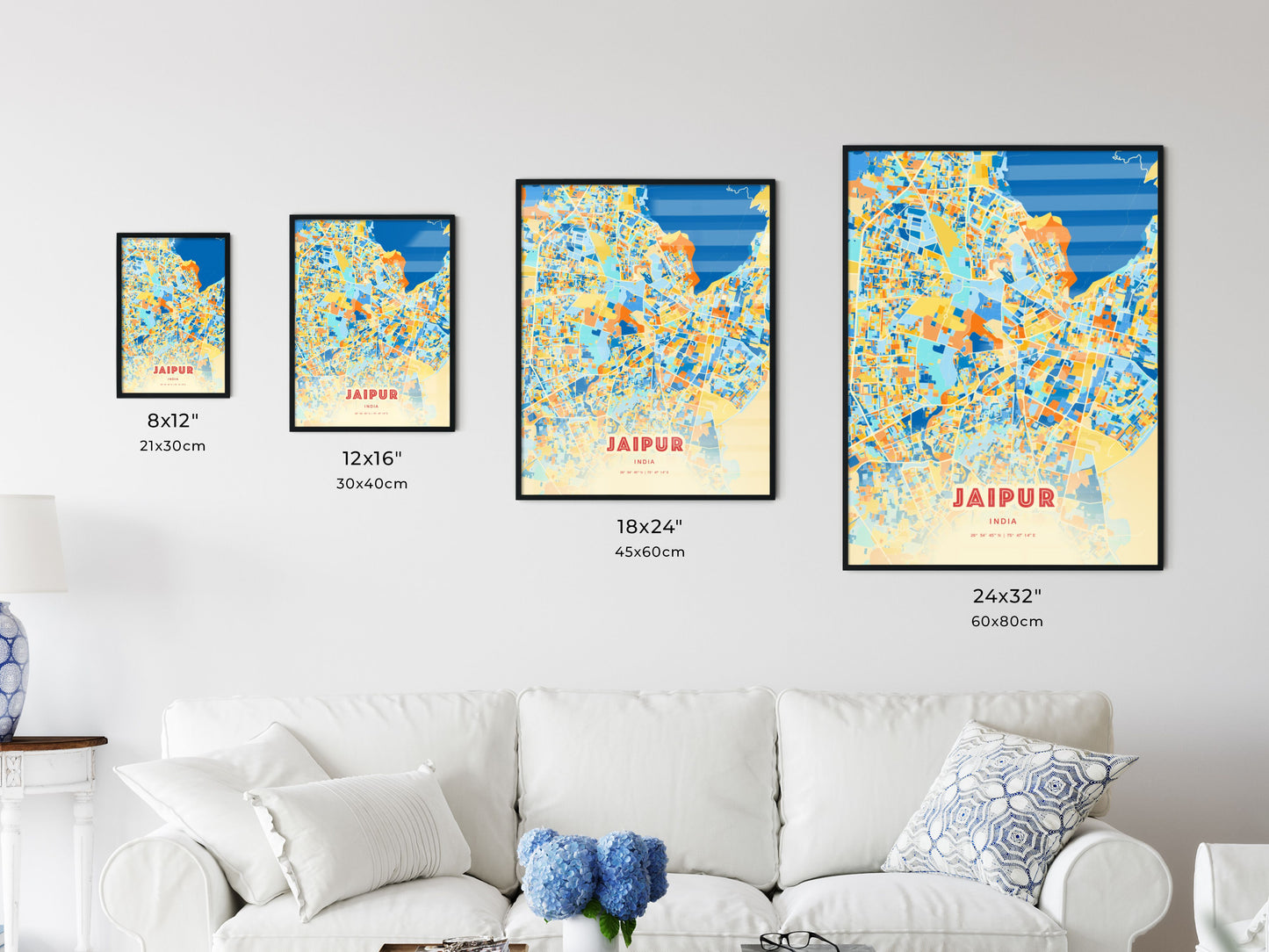 Colorful JAIPUR INDIA Fine Art Map Blue Orange