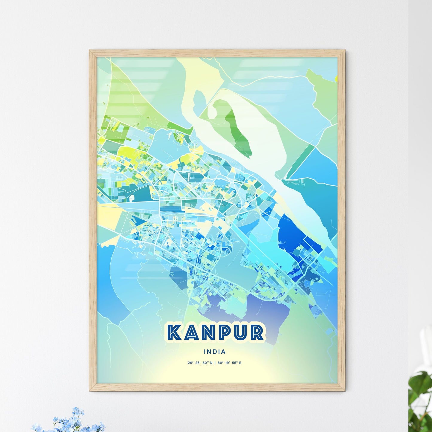 Colorful KANPUR INDIA Fine Art Map Cool Blue