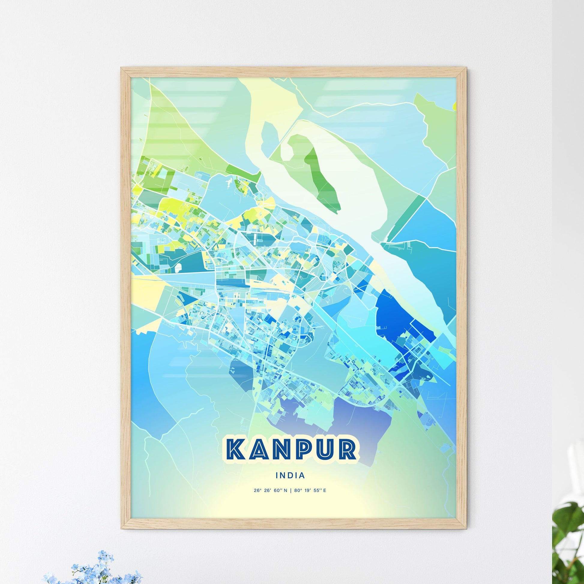 Colorful KANPUR INDIA Fine Art Map Cool Blue