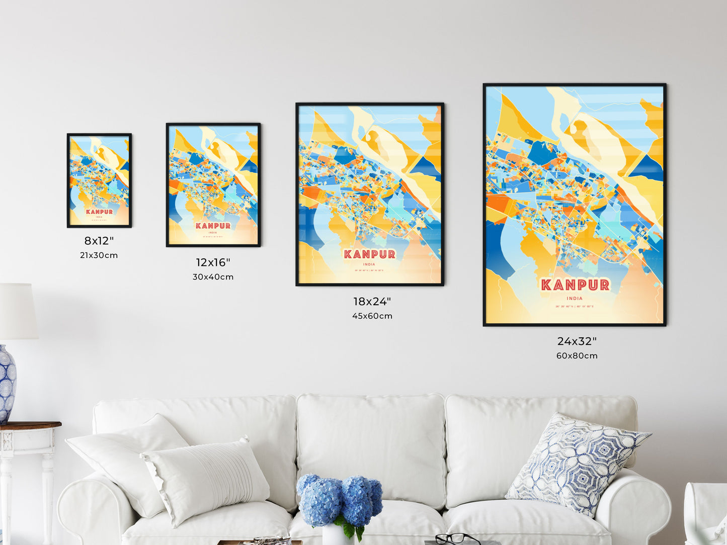 Colorful KANPUR INDIA Fine Art Map Blue Orange