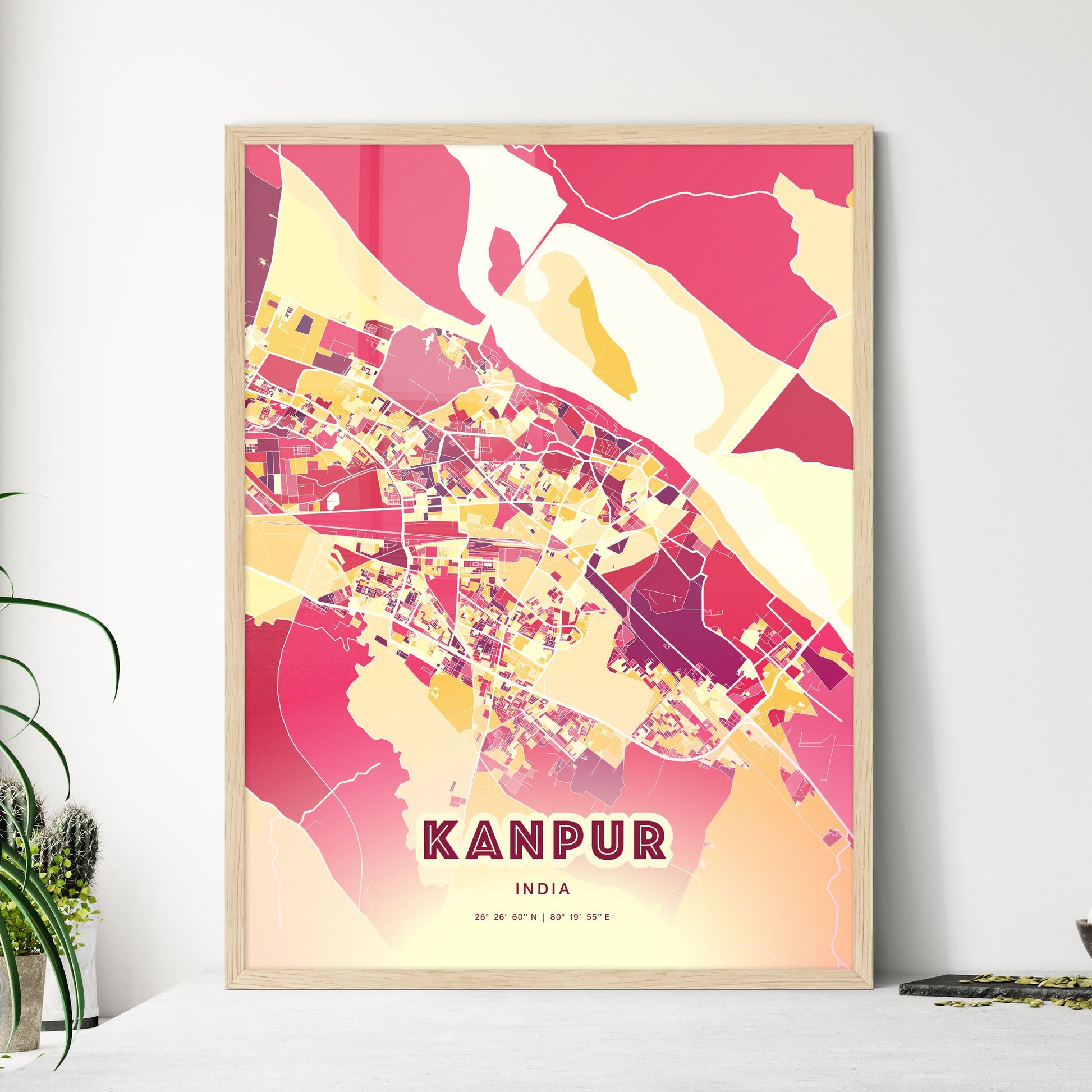 Colorful KANPUR INDIA Fine Art Map Hot Red