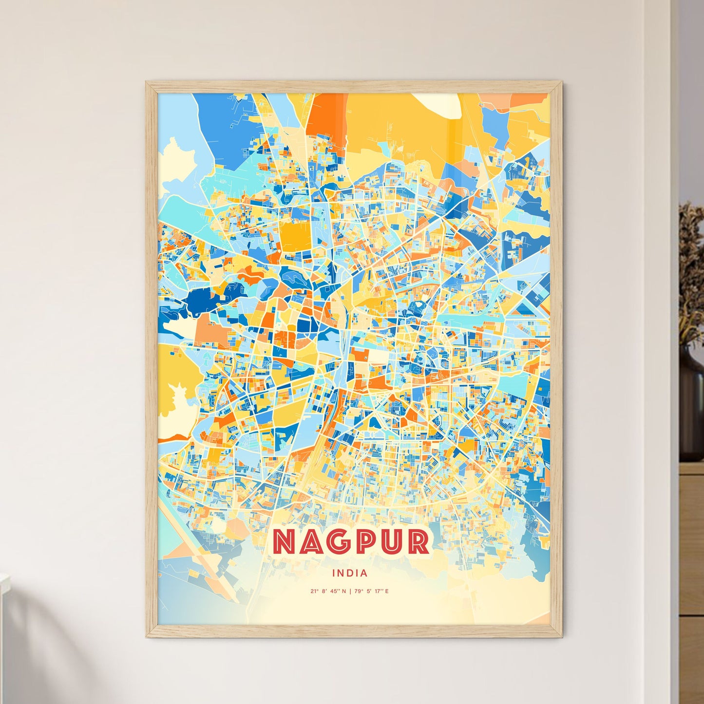 Colorful Nagpur India Fine Art Map Blue Orange
