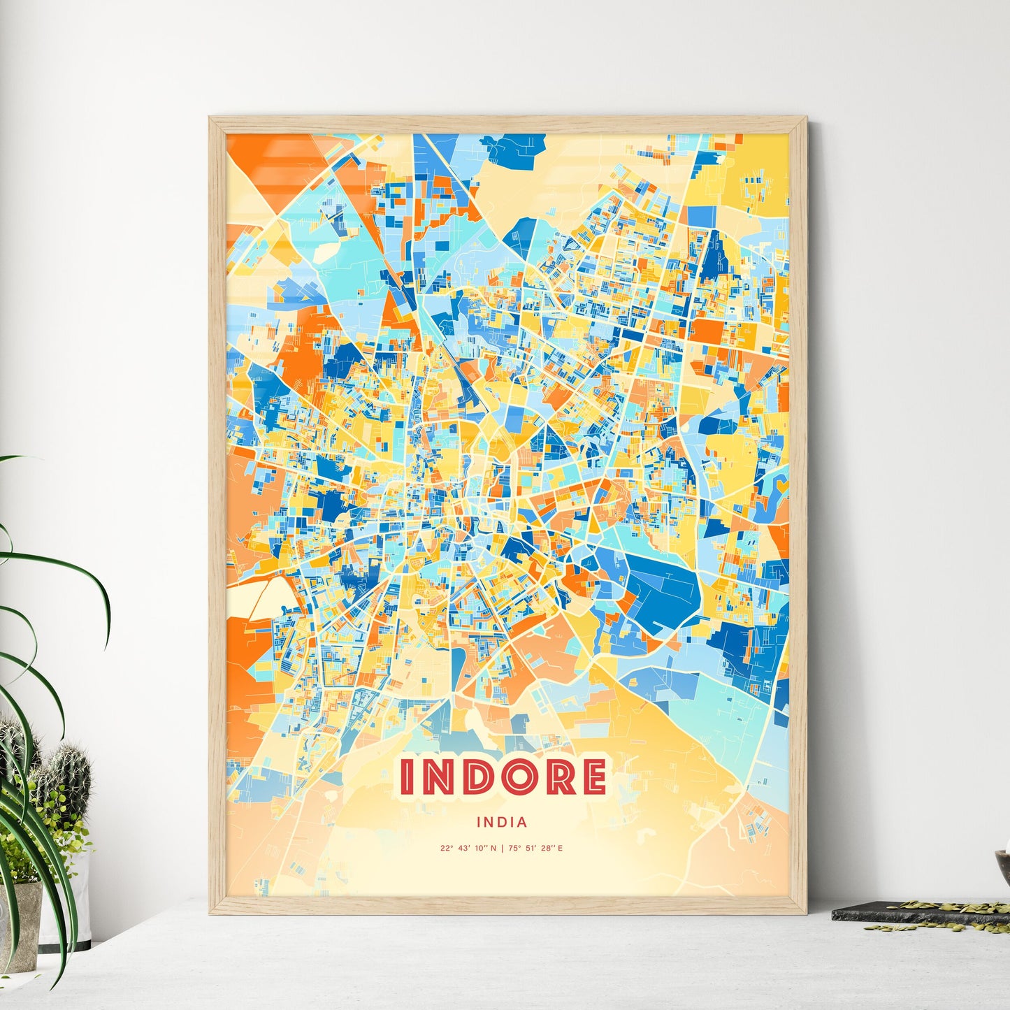 Colorful INDORE INDIA Fine Art Map Blue Orange