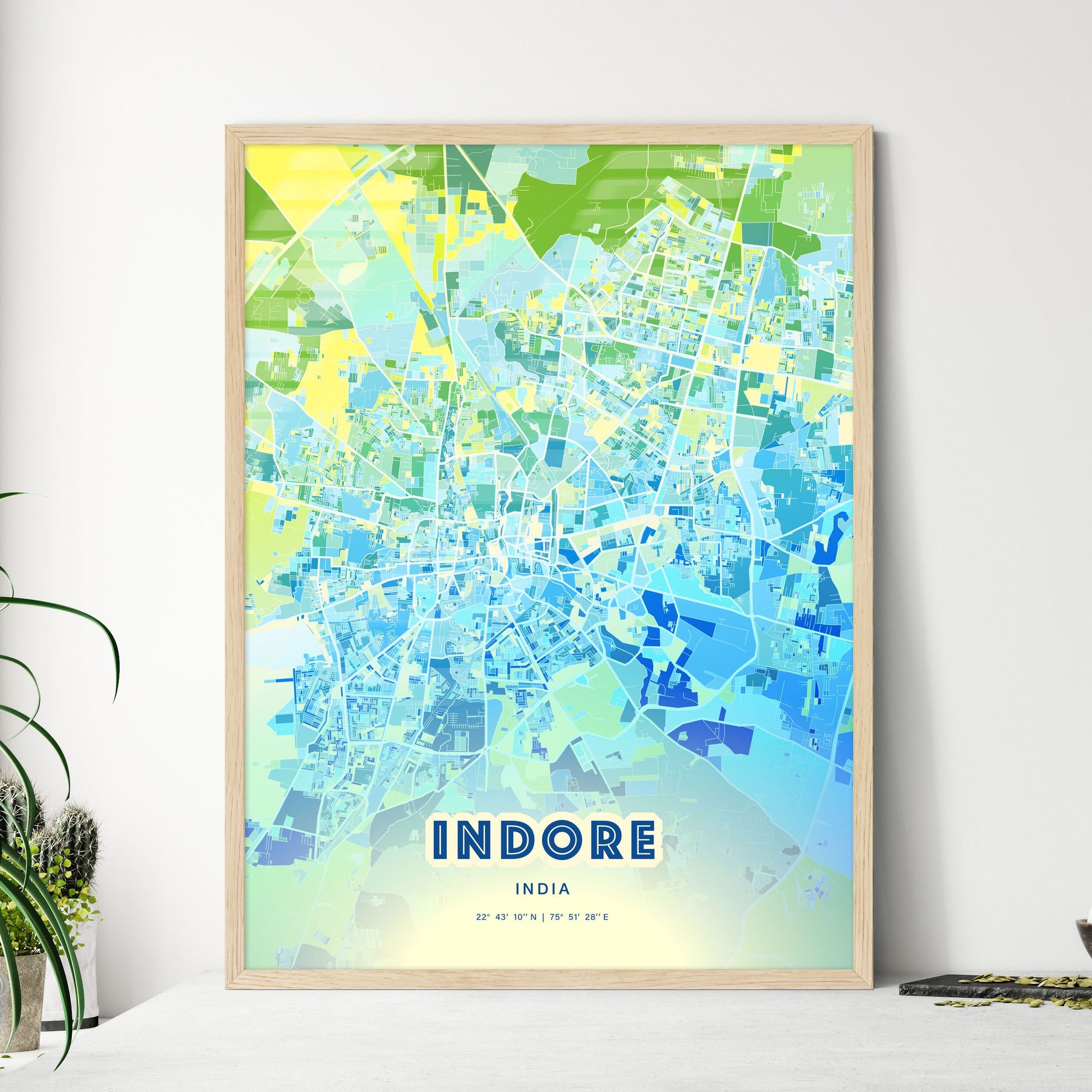 Colorful INDORE INDIA Fine Art Map Cool Blue