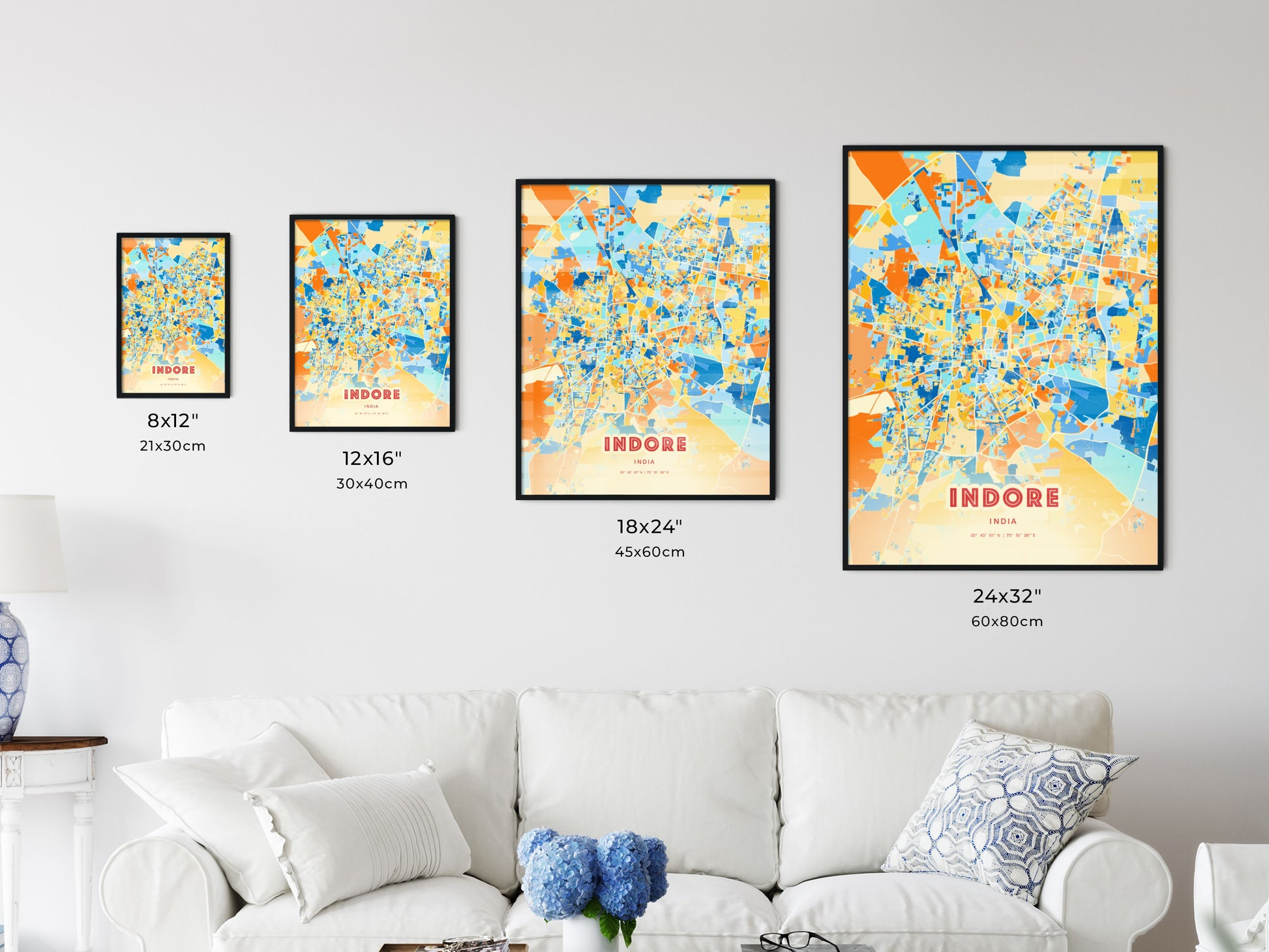 Colorful INDORE INDIA Fine Art Map Blue Orange