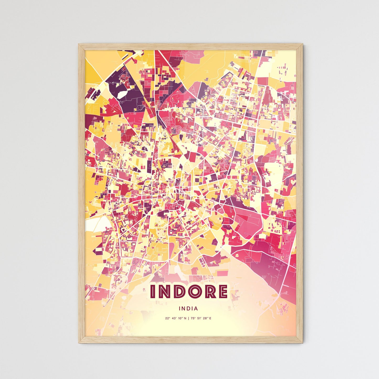 Colorful INDORE INDIA Fine Art Map Hot Red