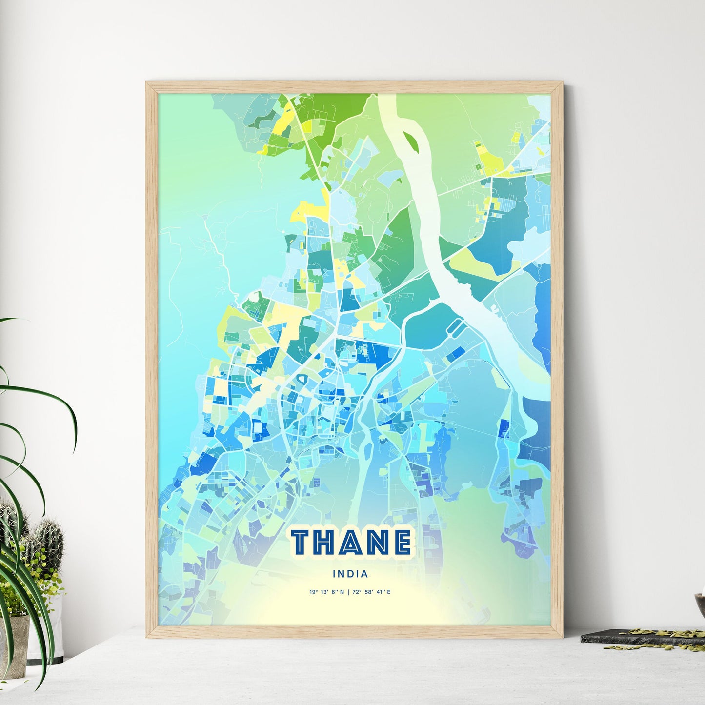 Colorful THANE INDIA Fine Art Map Cool Blue