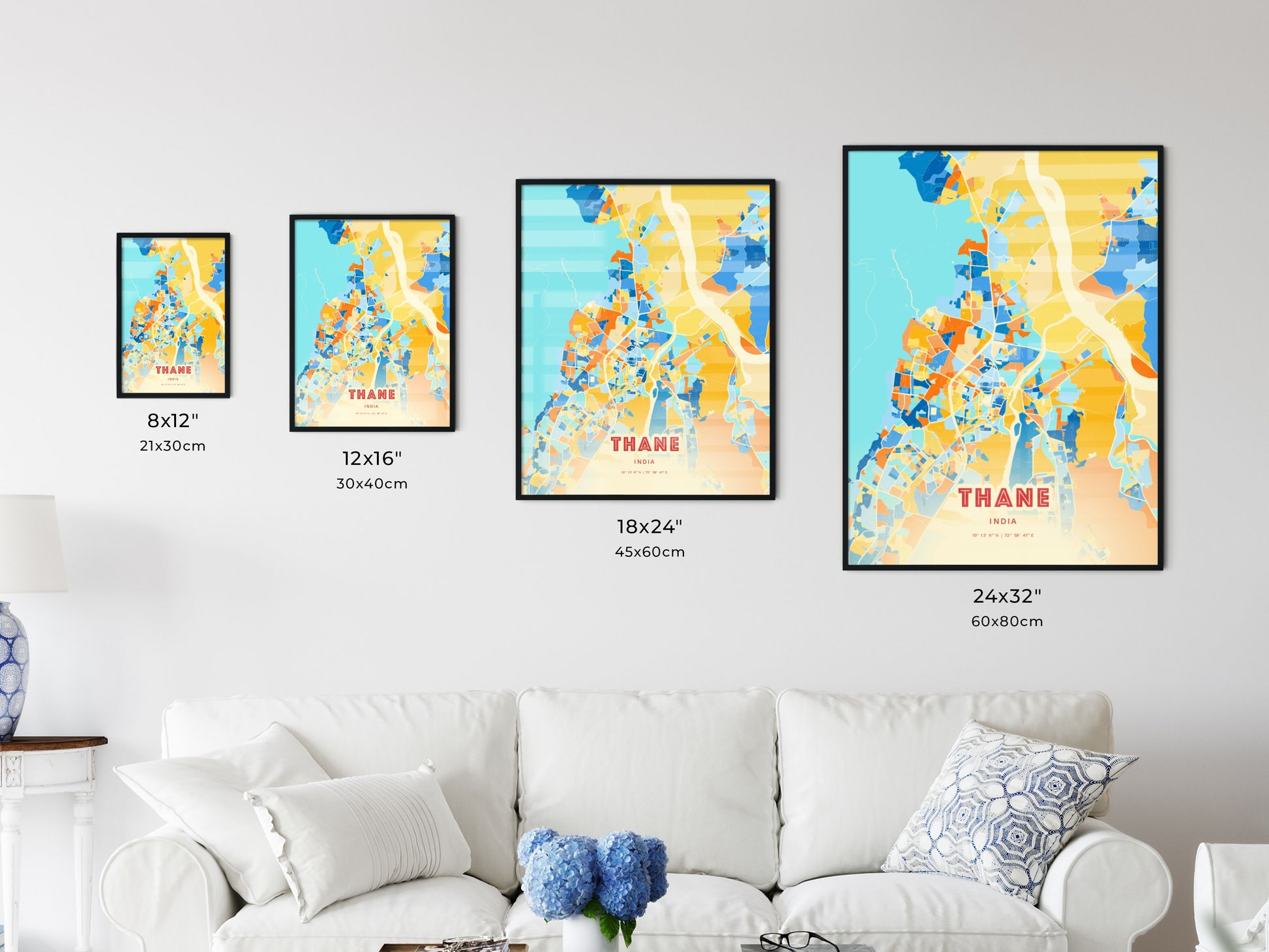 Colorful THANE INDIA Fine Art Map Blue Orange