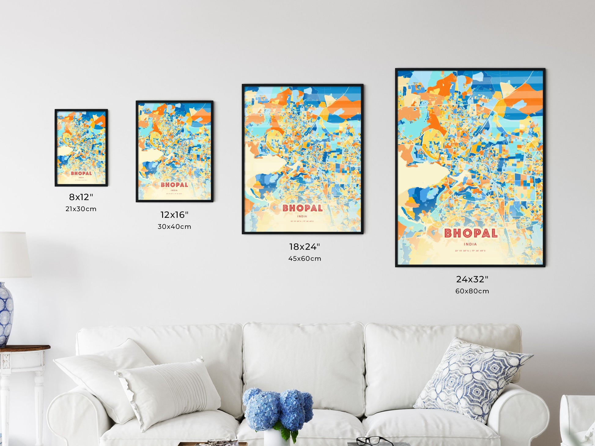 Colorful BHOPAL INDIA Fine Art Map Blue Orange