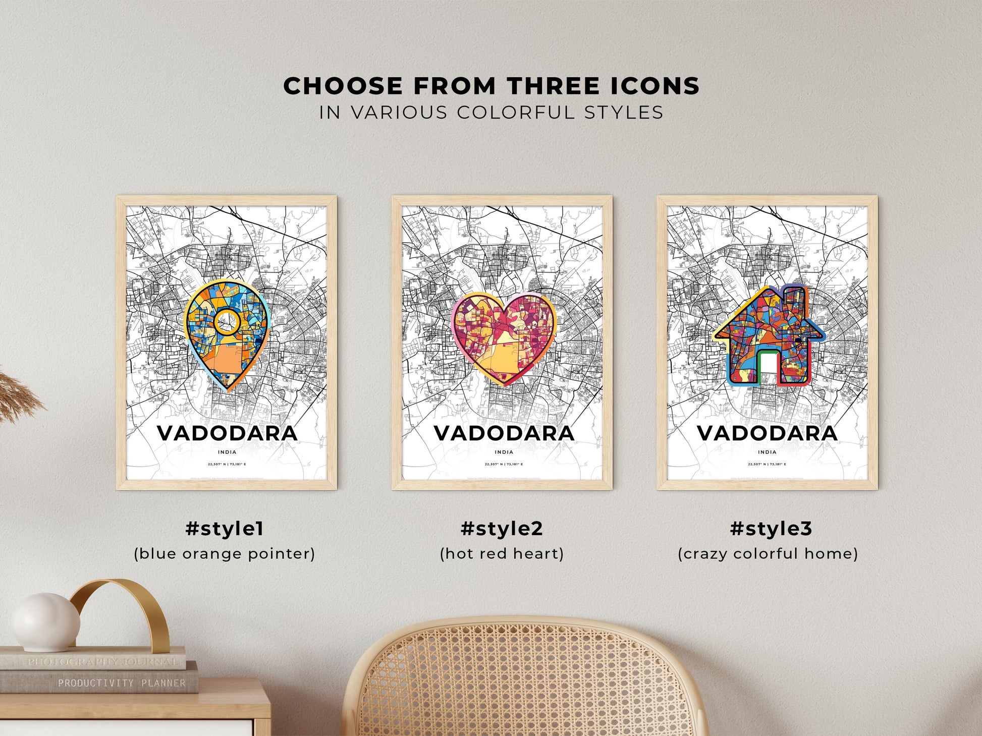 VADODARA INDIA minimal art map with a colorful icon. Where it all began, Couple map gift.