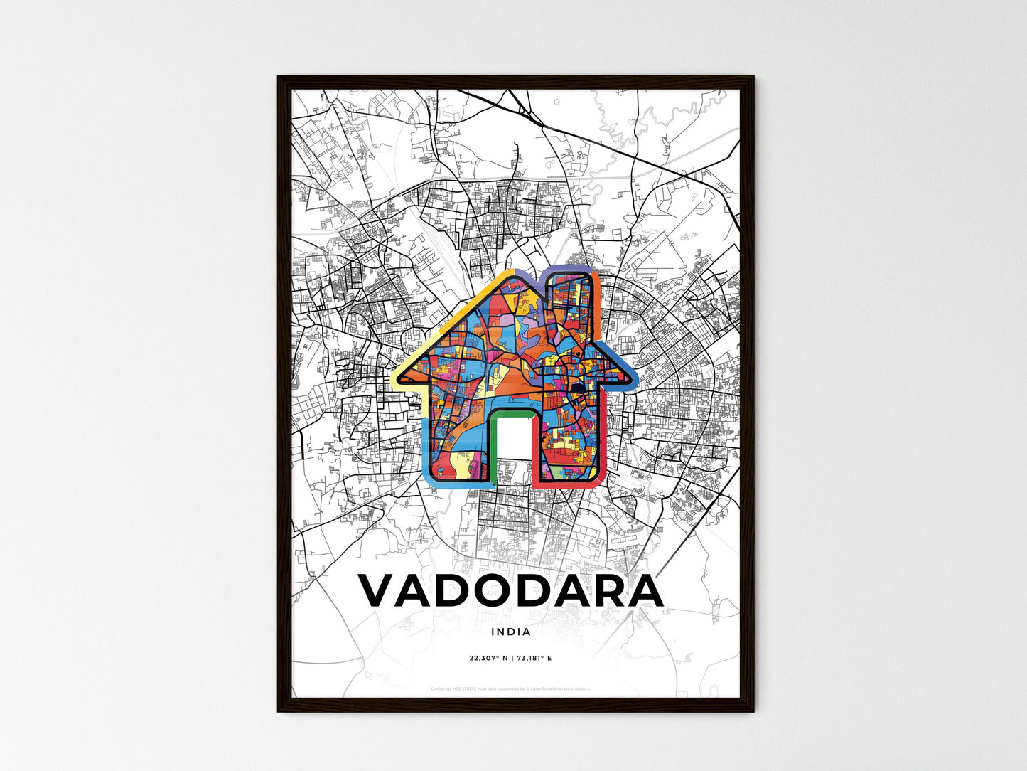 VADODARA INDIA minimal art map with a colorful icon. Where it all began, Couple map gift. Style 3