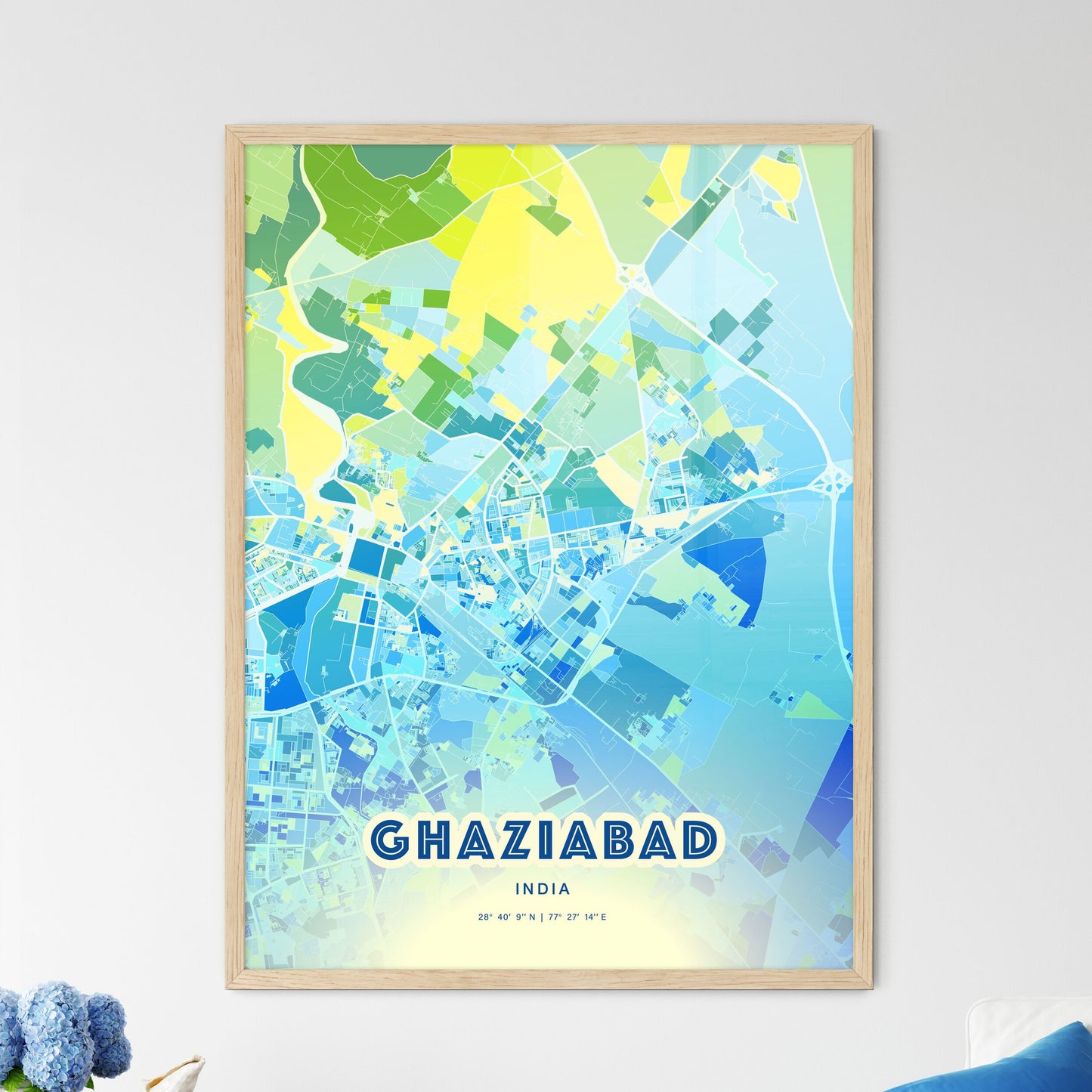 Colorful GHAZIABAD INDIA Fine Art Map Cool Blue