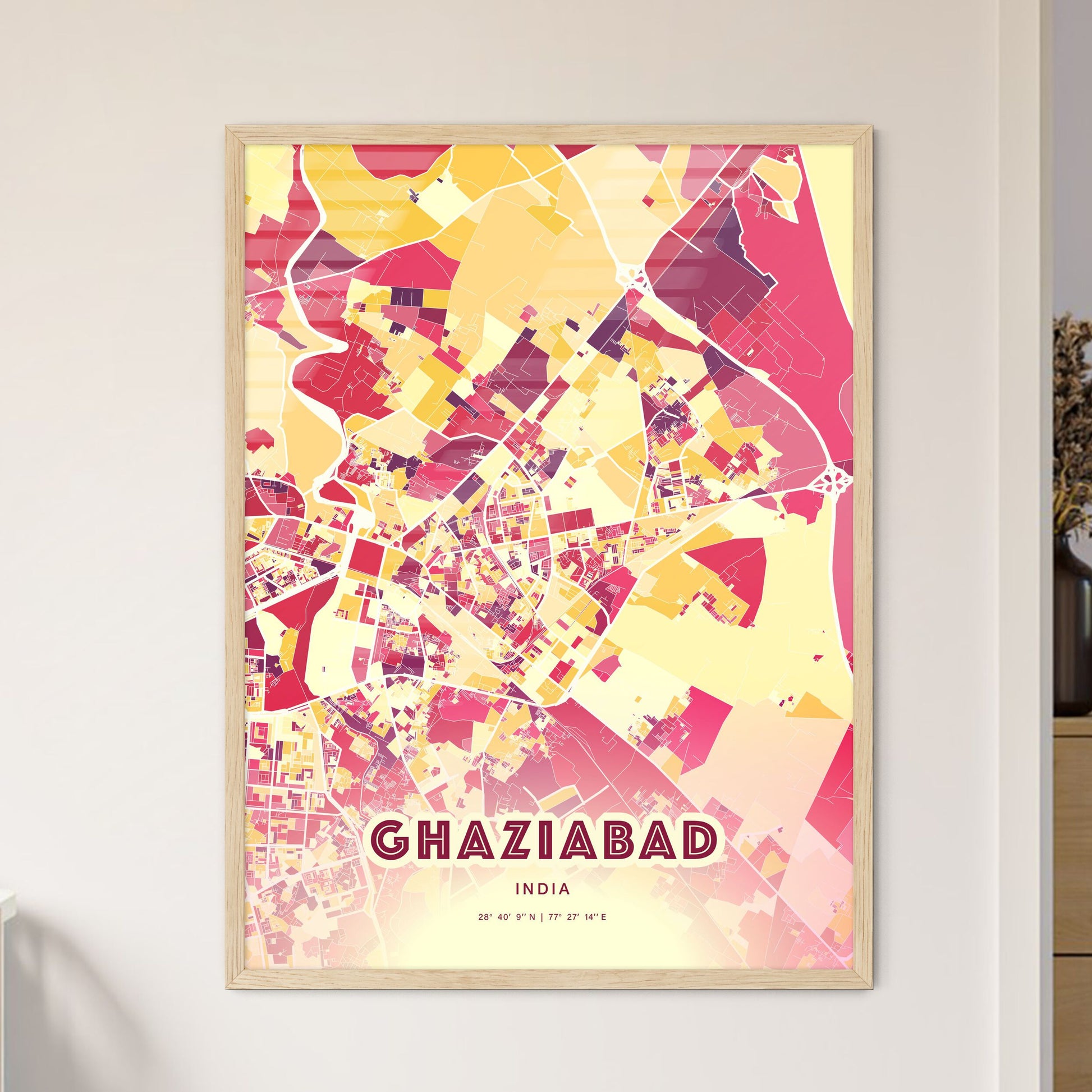 Colorful GHAZIABAD INDIA Fine Art Map Hot Red