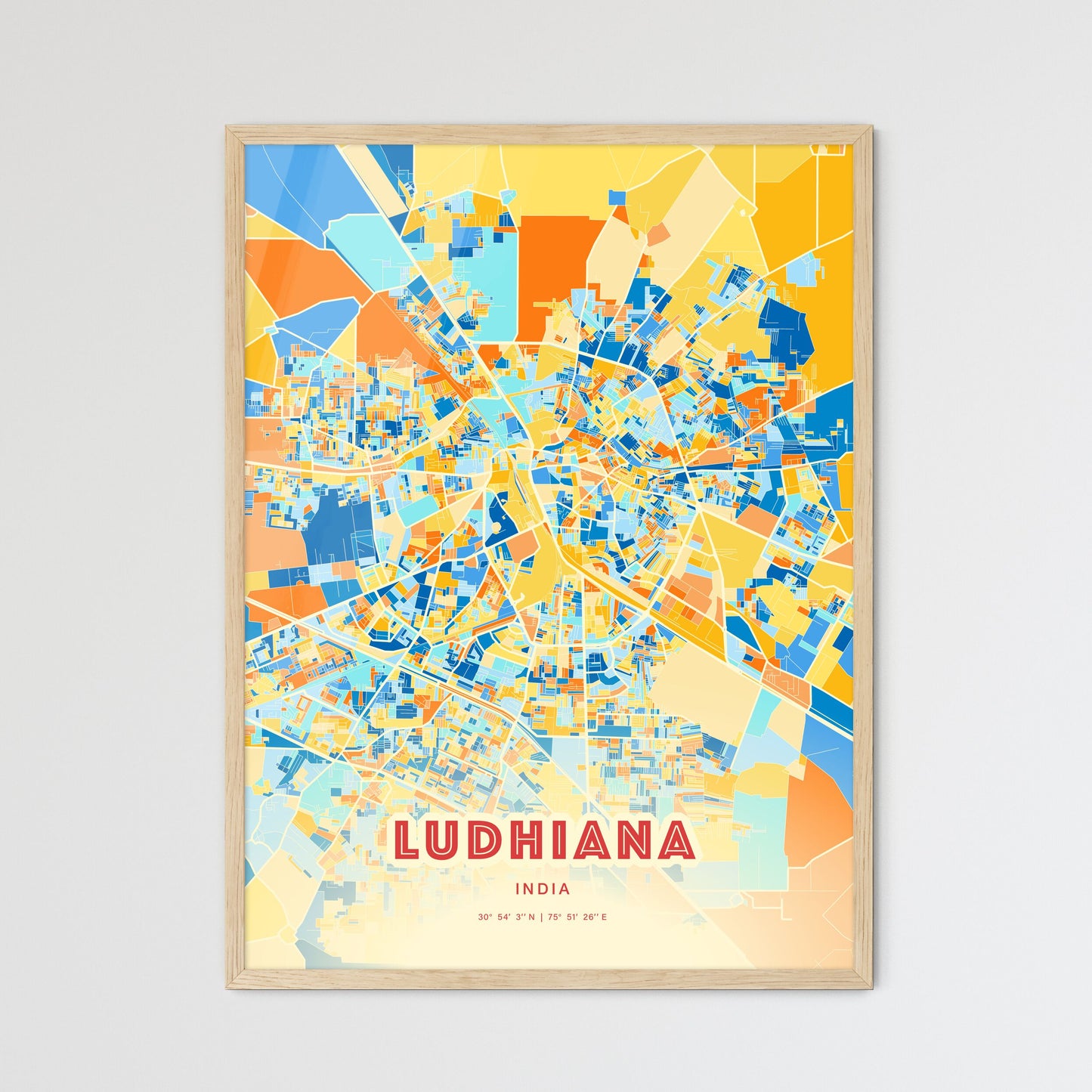 Colorful LUDHIANA INDIA Fine Art Map Blue Orange