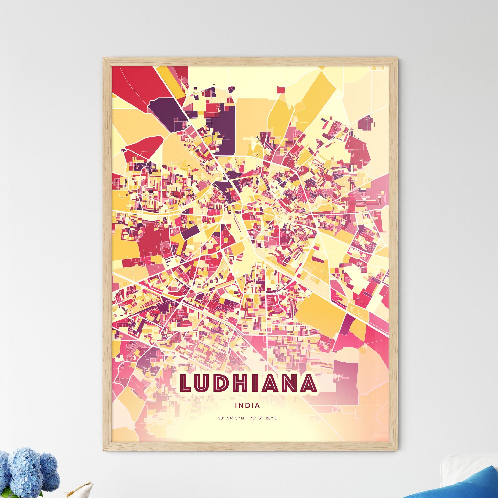 Colorful LUDHIANA INDIA Fine Art Map Hot Red