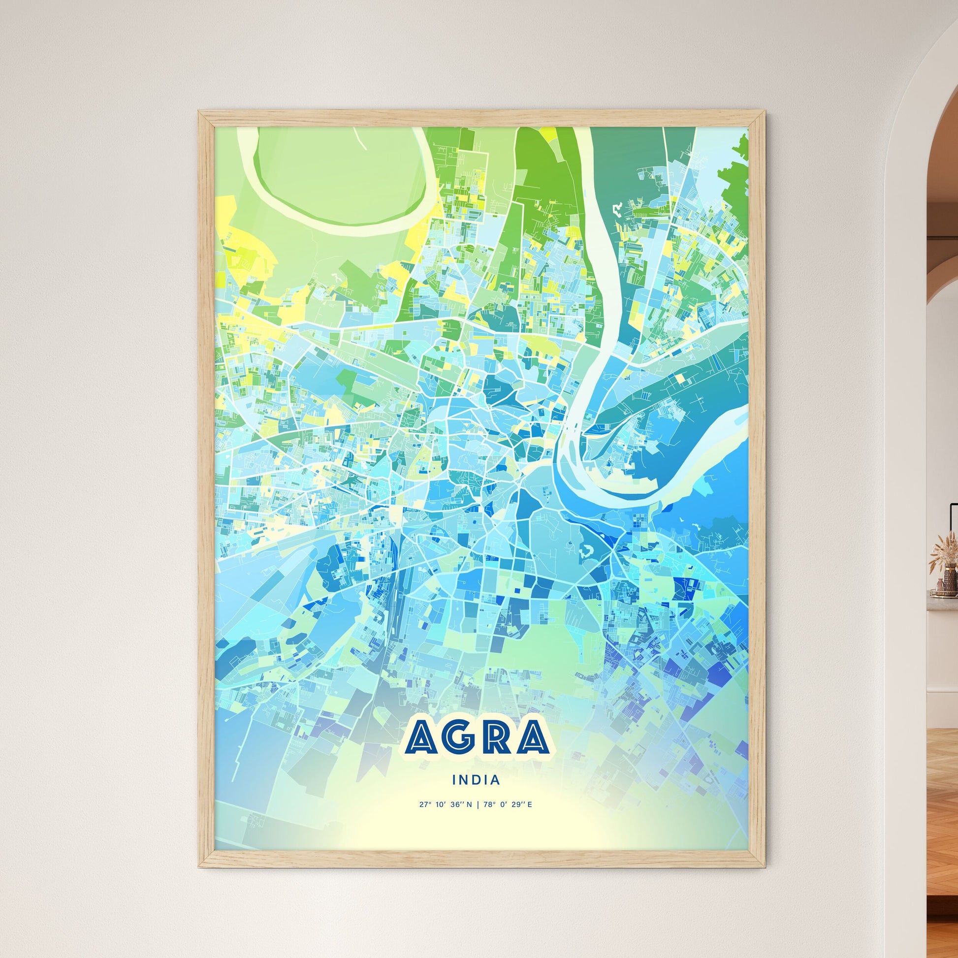 Colorful AGRA INDIA Fine Art Map Cool Blue