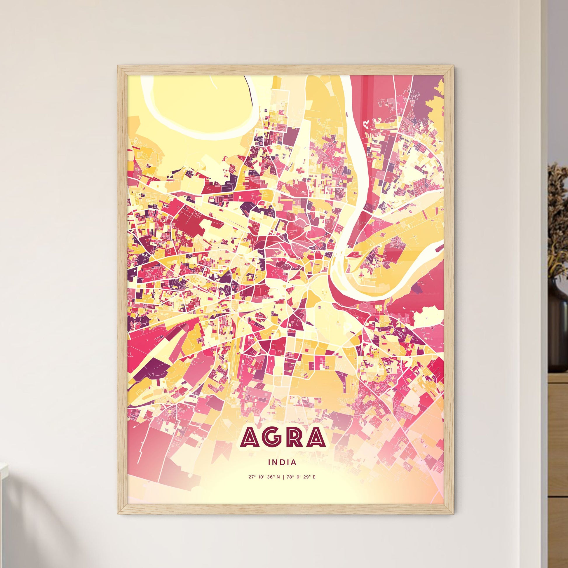 Colorful AGRA INDIA Fine Art Map Hot Red